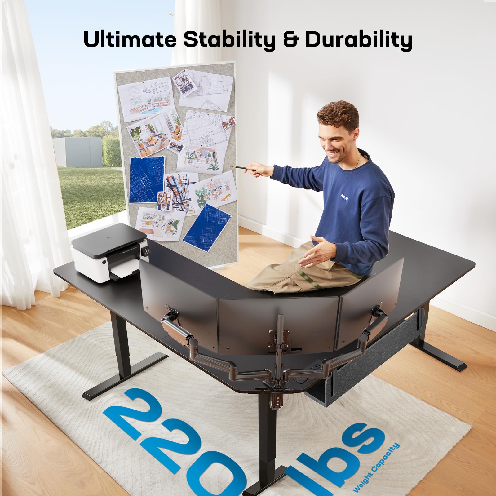 HUANUO 63″ L-Shaped Standing Desk, Built-in Power Outlets, Electric Height Adjustable Corner Computer Desk, Large Power Strip Holder, Sit Stand Up Desk with 3 Preset Heights, Black