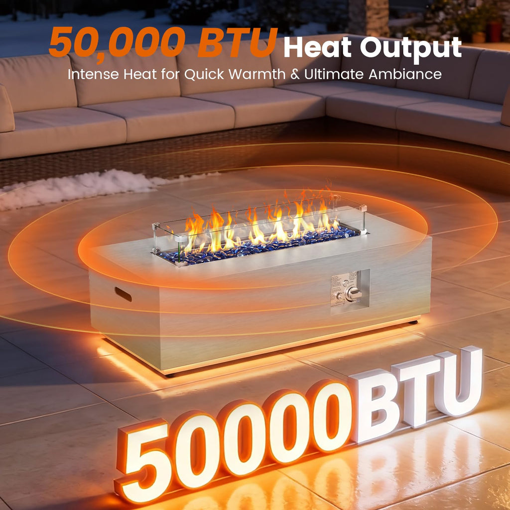 SUNPEAK 42" Modern Fire Pit Table with LED Light 50,000 BTU Deck Fire Pit Table Includes Wind Guard, Lid, Rocks & Cover - Propane Gas Patio Fireplace, Chimenea para Patio (Grey/Golden Light, 42" LED)