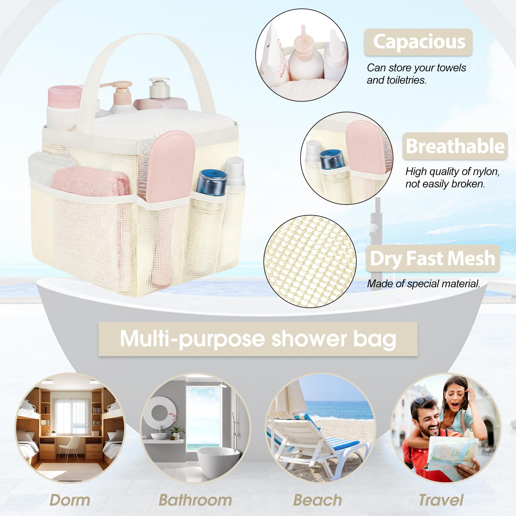 Attmu Mesh Shower Caddy Portable for College Dorm Room Camping Essentials, Shower Caddy Dorm with 9-Pockets, Large Capacity Hanging Basket Bathroom Bag for Toiletry, Swimming, Gym, Camp, Beach