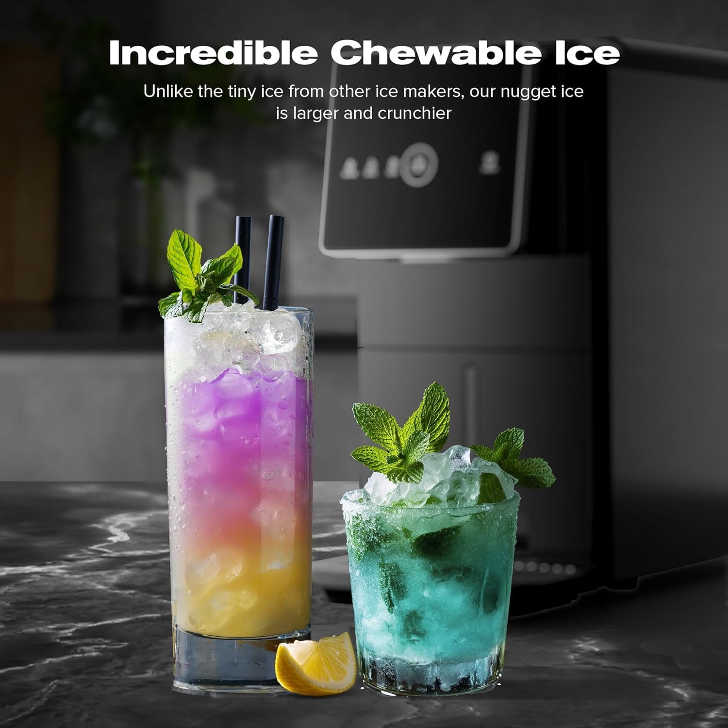 Kismile Nugget Ice Maker Countertop, 33LBS/24H Ice Machine with Soft Chewable Ice, One-Click, Self-Cleaning Function, Stainless Steel Ice Maker with Indicator Lights for Home/Kitchen(Black)