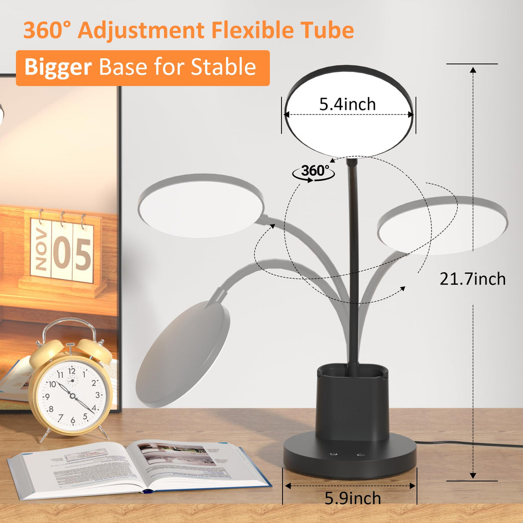 LED Desk Lamp with Wireless Charger for Home Office, Black | 3 Color Modes Dimmable Eye-Caring Study Desk Light for College Dorm Room, 360° Flexible Arm, Built-in Pen Holder, 800 Lumen