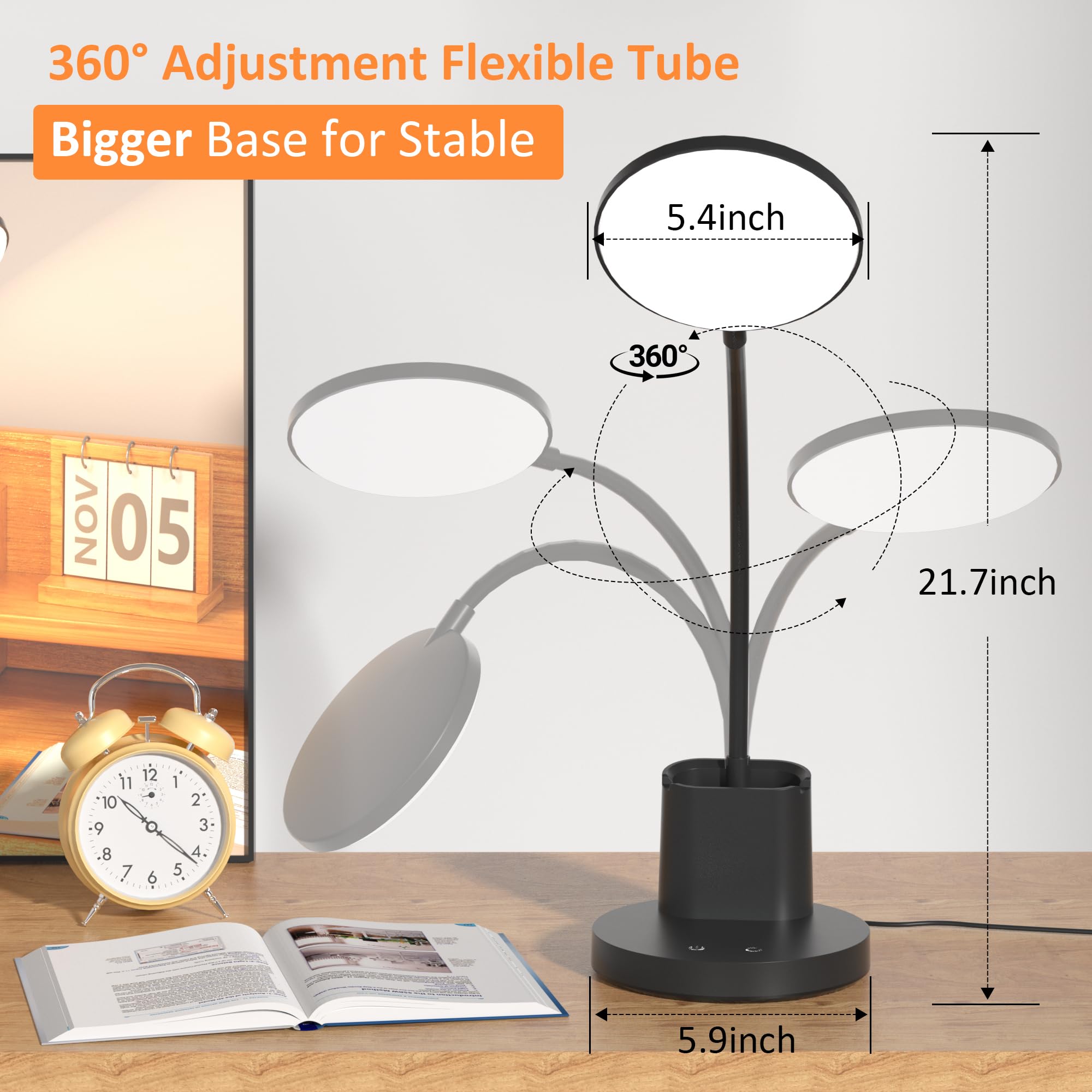 LED Desk Lamp with Wireless Charger for Home Office, Black | 3 Color Modes Dimmable Eye-Caring Study Desk Light for College Dorm Room, 360° Flexible Arm, Built-in Pen Holder, 800 Lumen
