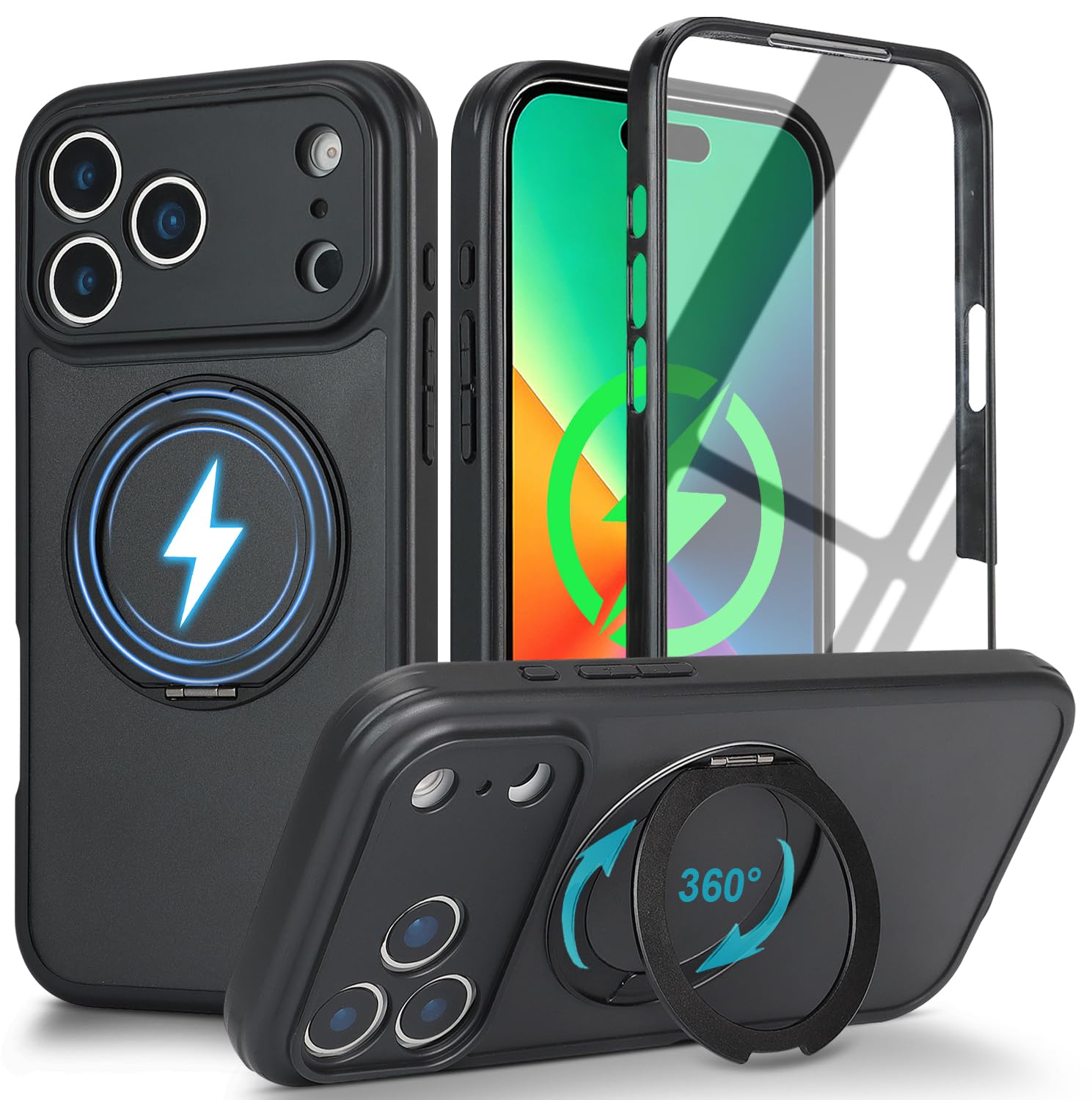 for iPhone 17 Pro Max Case Compatible with MagSafe Full-Body Magnetic Phone Case with Built-in Tempered Glass Screen Protector& Stand for iPhone17 Pro Max Cover, Orange