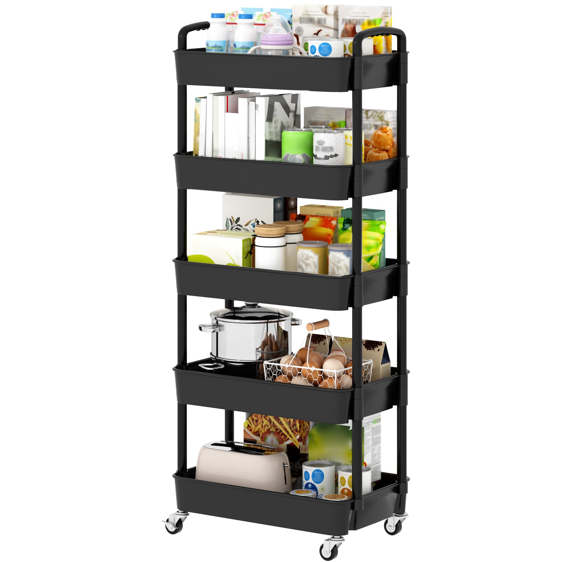 Sywhitta 3-Tier Plastic Rolling Utility Cart with Handle, Multi-Functional Storage Trolley for Office, Living Room, Kitchen, Movable Storage Organizer with Wheels, Black