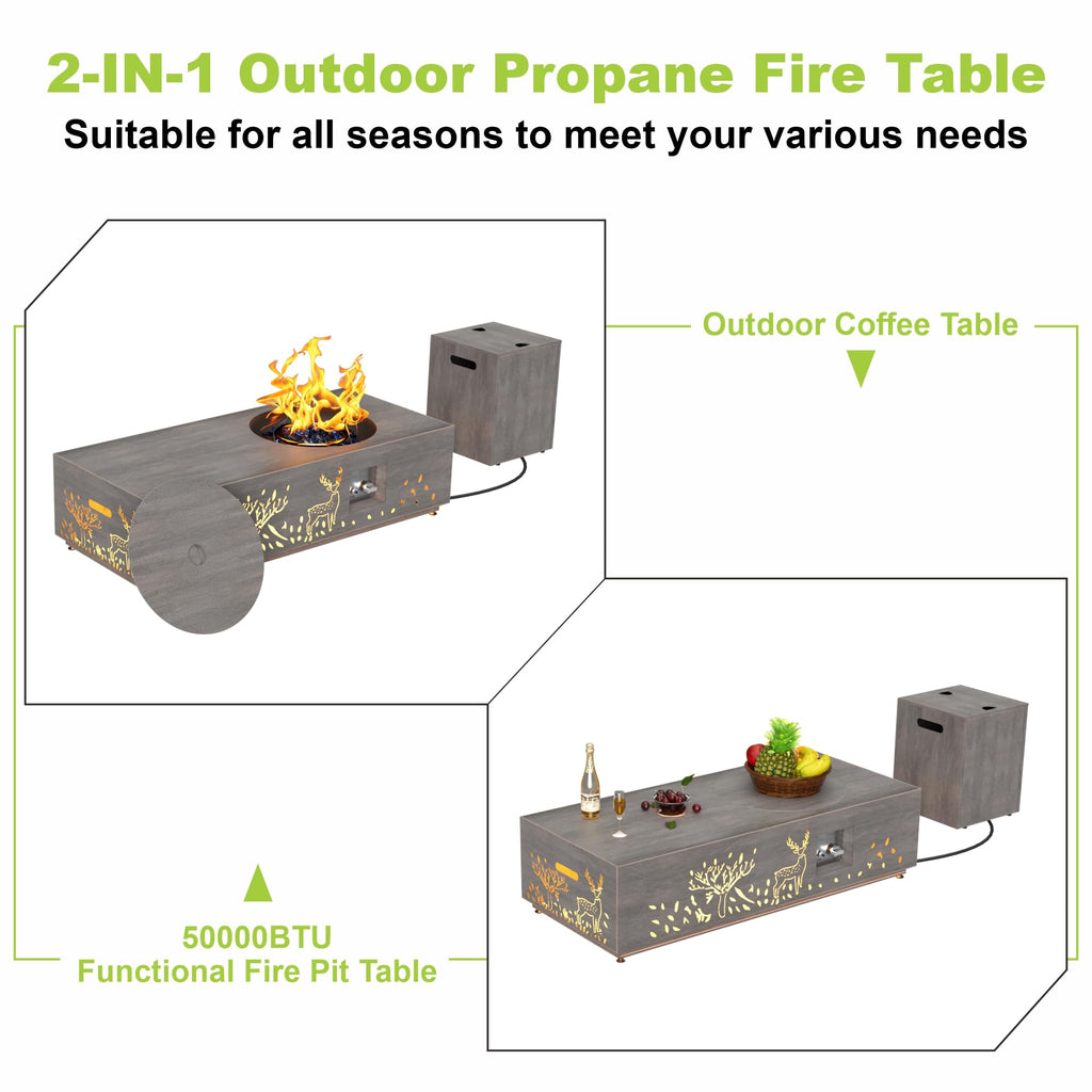 SUNPEAK 42" Modern Fire Pit Table with LED Light 50,000 BTU Deck Fire Pit Table Includes Wind Guard, Lid, Rocks & Cover - Propane Gas Patio Fireplace, Chimenea para Patio (Grey/Golden Light, 42" LED)