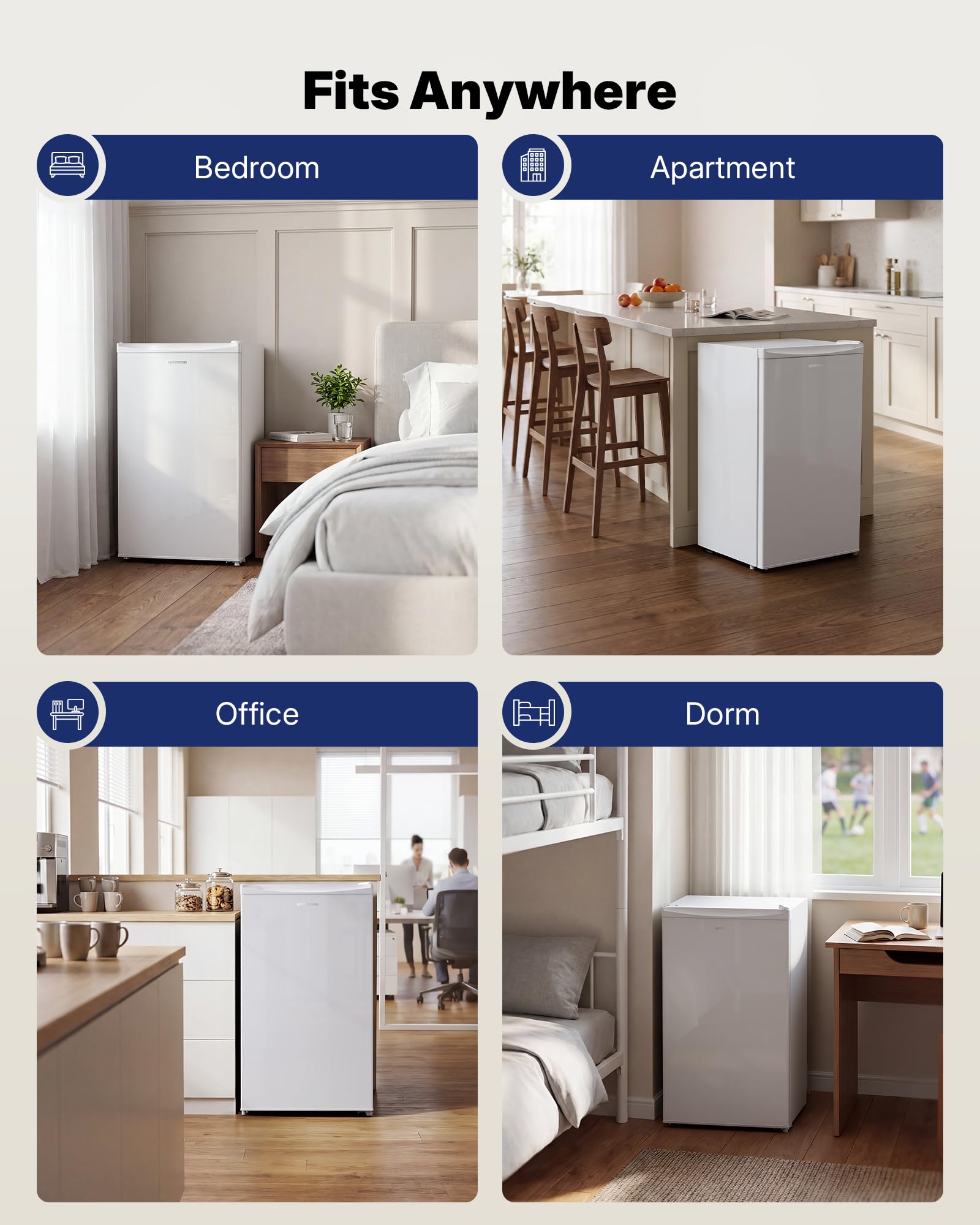 Upstreman 3.2 Cu.Ft Mini Fridge with Freezer, Quiet Efficient Small Fridge, Compact Refrigerator with Adjustable Thermostat, for Dorm, Bedroom, Office, Black-BR321