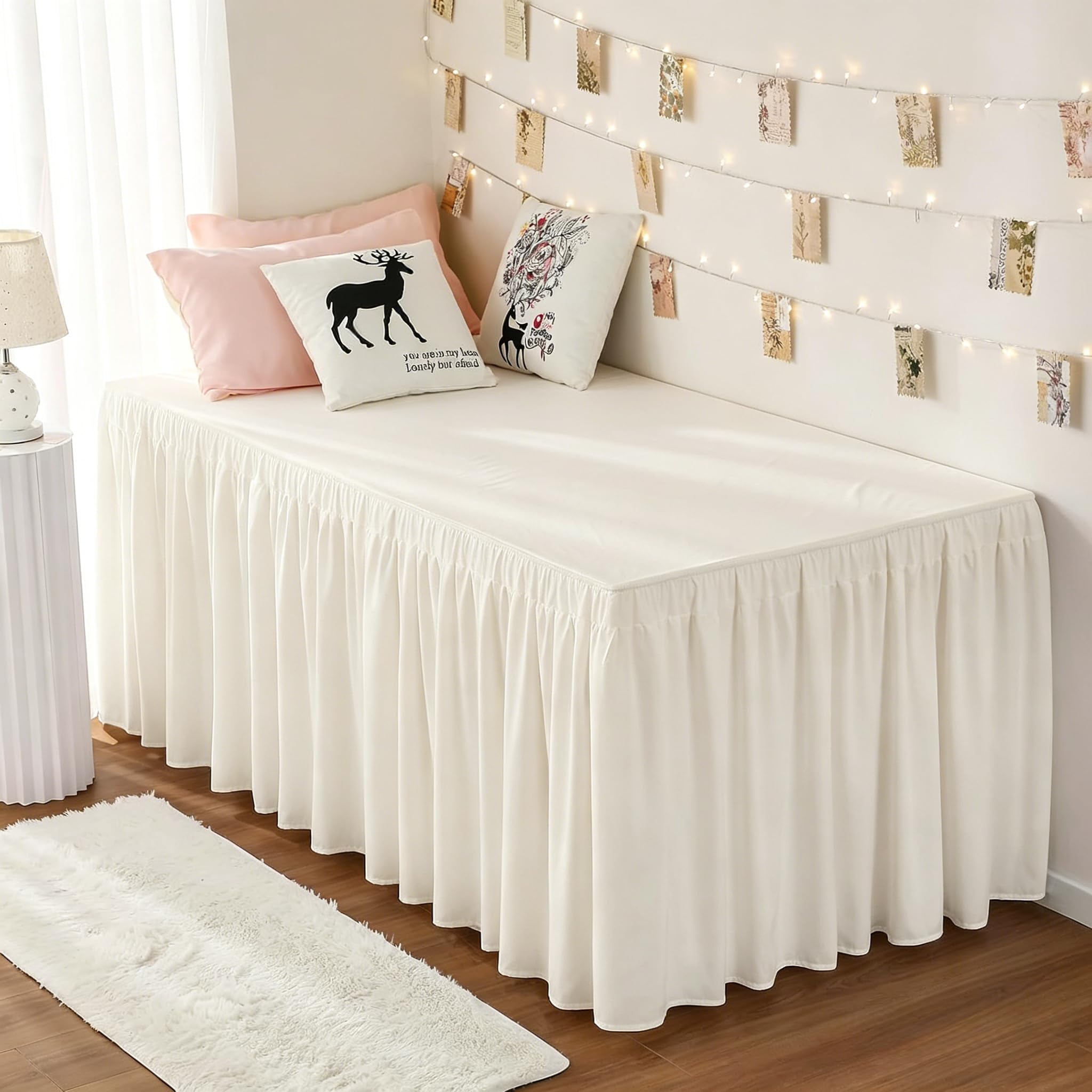 RIMELA Dorm Bed Skirt Twin XL 32 Inch Drop, Easy to Install Extra Long Wrap Around Elastic Dust Ruffle, White Bedskirt Solid Silky Fabric Machine Washable, Bedroom Decor