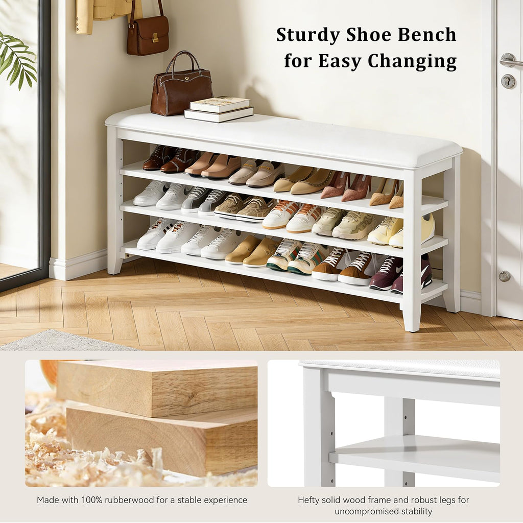 Taitiy Shoe Bench Storage Rubberwood with Leather Cushion for Entryway Bench Ideal for Hallways Shoe Rack Front Doors Entrances Mudrooms Featuring 3 Height-Adjustable and Removable Shelves