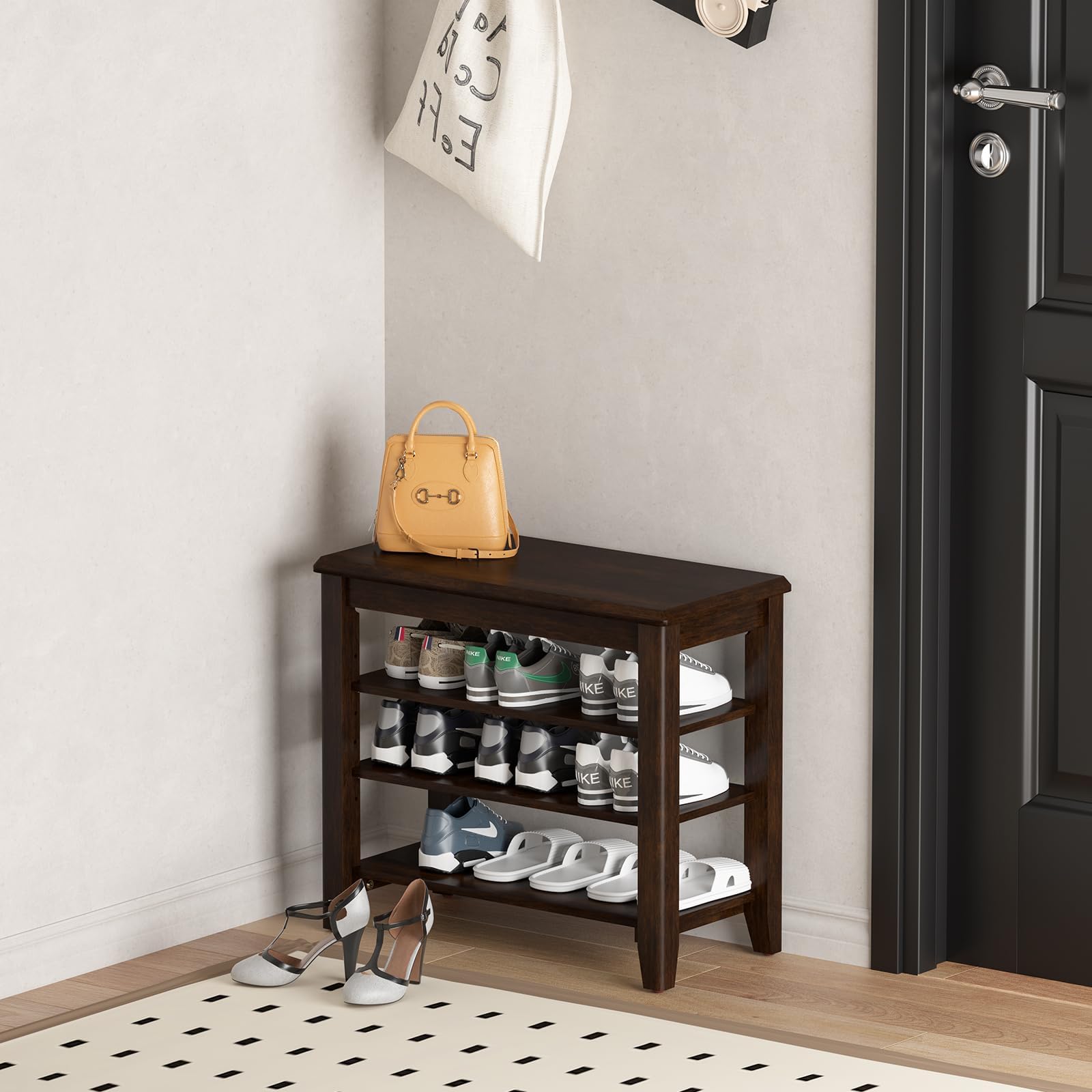 Taitiy Shoe Bench Storage Rubberwood with Leather Cushion for Entryway Bench Ideal for Hallways Shoe Rack Front Doors Entrances Mudrooms Featuring 3 Height-Adjustable and Removable Shelves