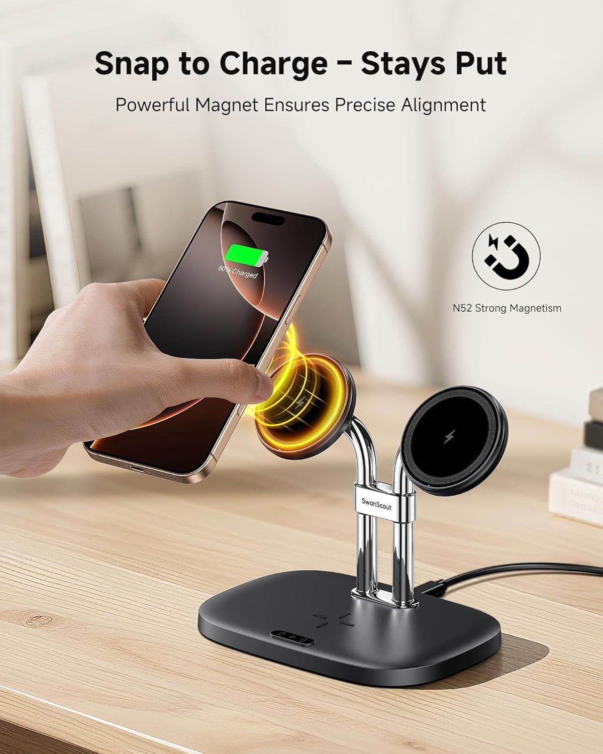Charging Station for Mag Safe Charger, 3 in 1 Wireless Charger for iPhone Air/17/16/15/14/13/12 Series, for Apple Watch & Air Pods, SwanScout 707M (No Adapter)