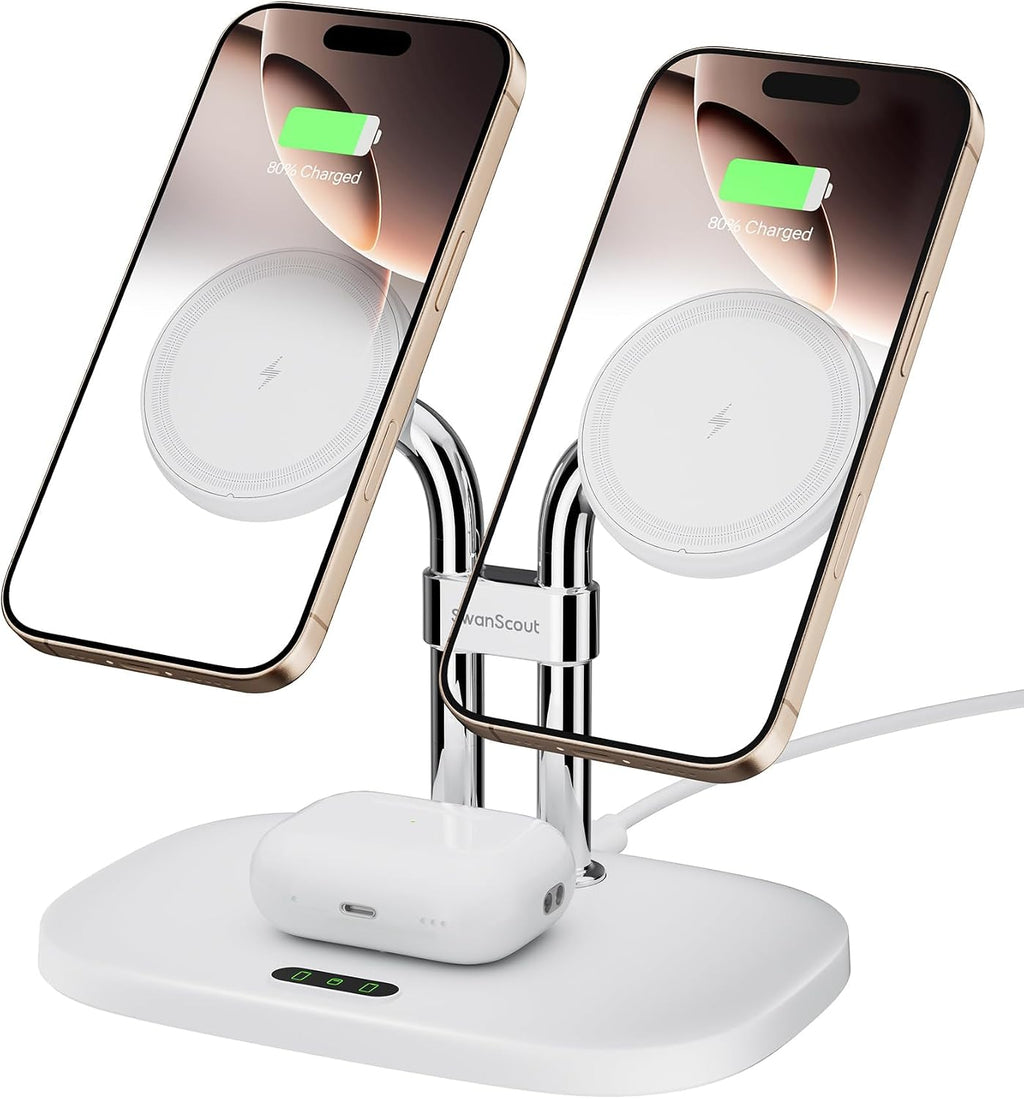 Charging Station for Mag Safe Charger, 3 in 1 Wireless Charger for iPhone Air/17/16/15/14/13/12 Series, for Apple Watch & Air Pods, SwanScout 707M (No Adapter)