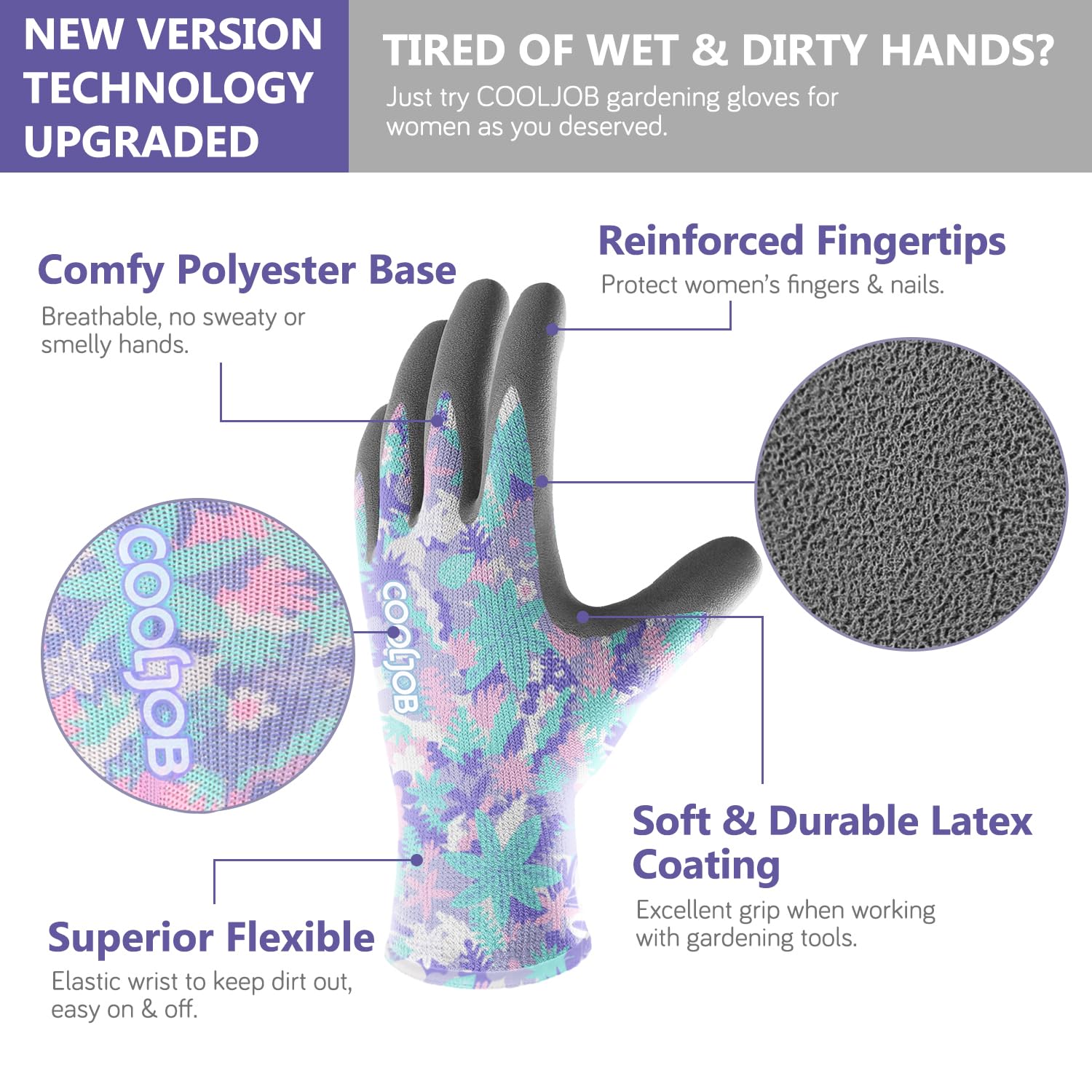 COOLJOB 2 Pairs Gardening Gloves for Women Ladies, Breathable Rubber Coated for Yard Garden, Outdoor Indoor Protective Work with Grip, Medium Size, Red & Green | Red & Blue, Textured Latex Palm, Breathable Polyester Liner, Flexible Fit, Machine Washable,