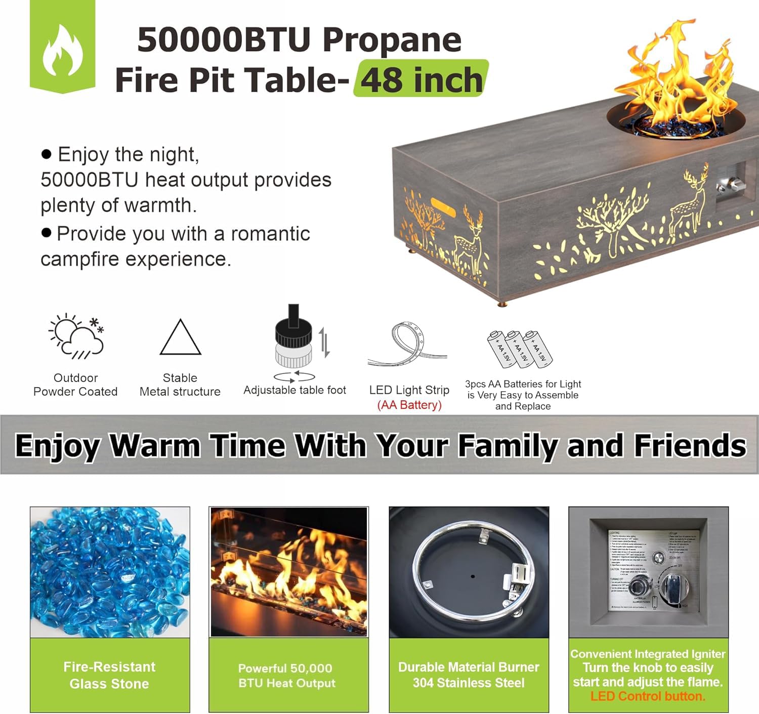 SUNPEAK 42" Modern Fire Pit Table with LED Light 50,000 BTU Deck Fire Pit Table Includes Wind Guard, Lid, Rocks & Cover - Propane Gas Patio Fireplace, Chimenea para Patio (Grey/Golden Light, 42" LED)