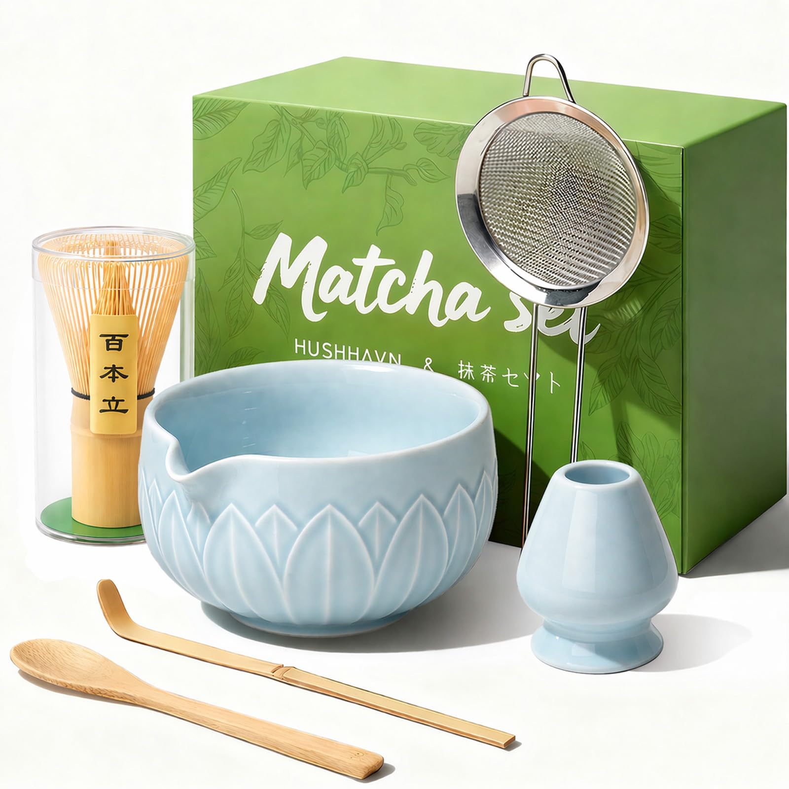 Matcha Whisk Set, Ceramic Matcha Set Includes Bowl & Holder, Bamboo Whisk (Chasen), Scoop, Spoon and Sifter, 6PCS Matcha Kit Covers Everything Needed for Making Matcha (Green)
