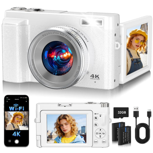 4K Digital Camera 64MP WiFi 180° Flip Screen Autofocus Compact, Black | 16X Zoom Anti-Shake Travel Vlogging YouTube Photography Webcam Filters Scene Modes 32GB Card Dual Rechargeable Batteries