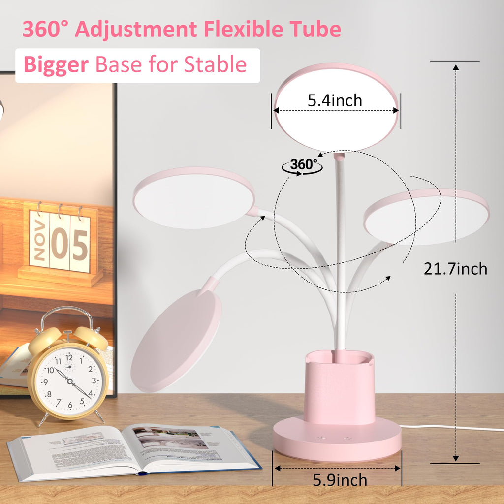 LED Desk Lamp with Wireless Charger for Home Office, Black | 3 Color Modes Dimmable Eye-Caring Study Desk Light for College Dorm Room, 360° Flexible Arm, Built-in Pen Holder, 800 Lumen