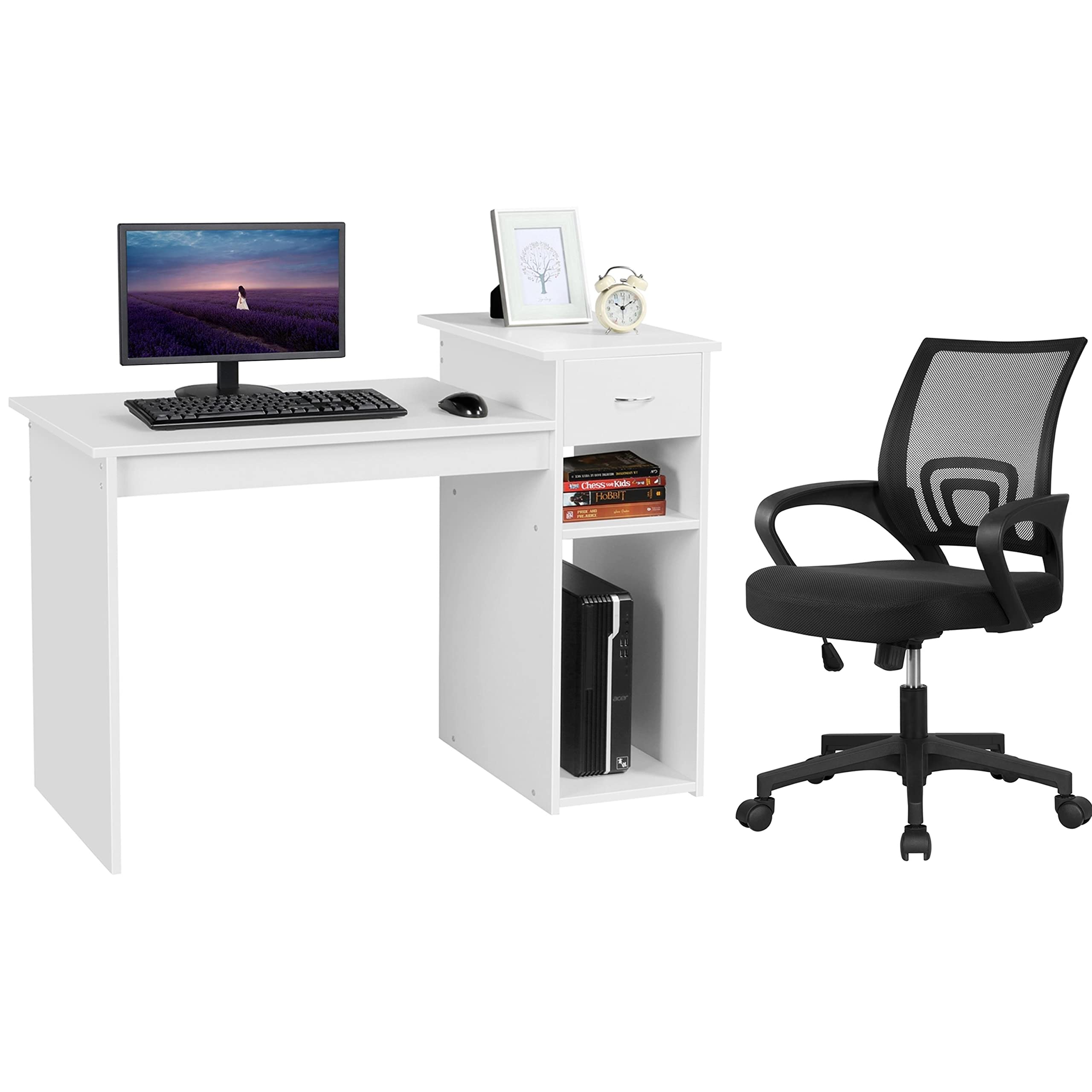 Yaheetech Black Computer Desk and Chair Set with Drawer, Shelves, Mesh Seat | Particle Board and MDF Build a Sturdy Desk with a Drawer and Elevated Platform, Paired with a Mesh Chair for Adults.