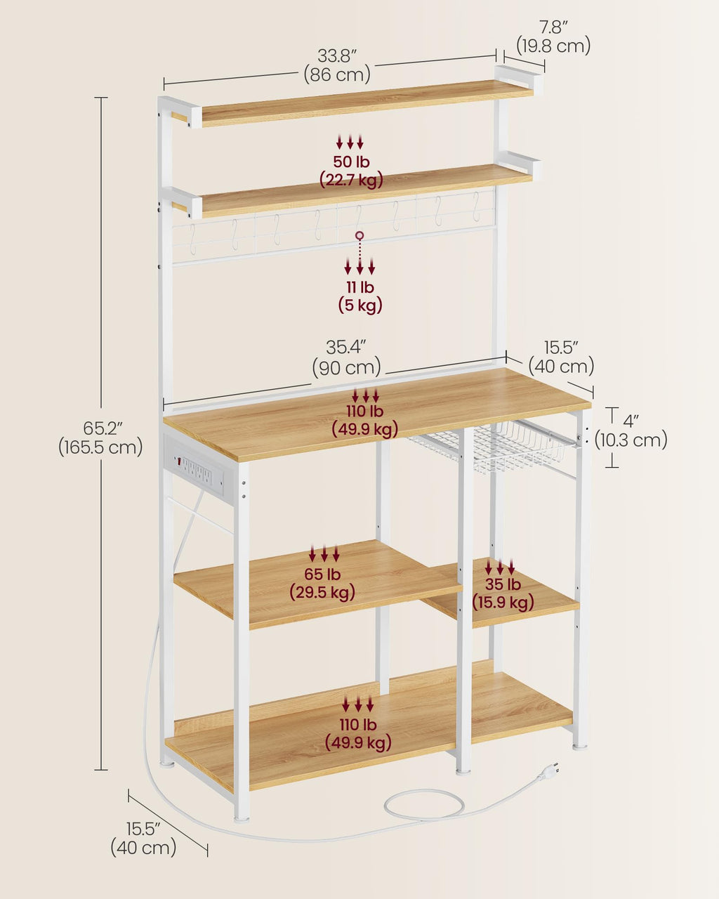 VASAGLE Kitchen Bakers Rack with Power Outlet, Coffee Bar with 35.4-Inch High Worktop, Microwave Stand with 8 Hooks, 15.7 x 31.5 x 66.9 Inches, Golden Oak and Cloud White UKKS059Y01