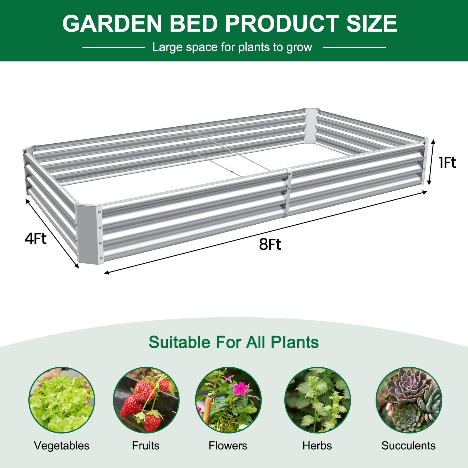Land Guard 3 Pack 8×4×1ft Galvanized Metal Raised Garden Bed, Metal Planter Kit Box Outdoor for Deep-Rooted Vegetables, Flowers, Green and Herbs, Silver