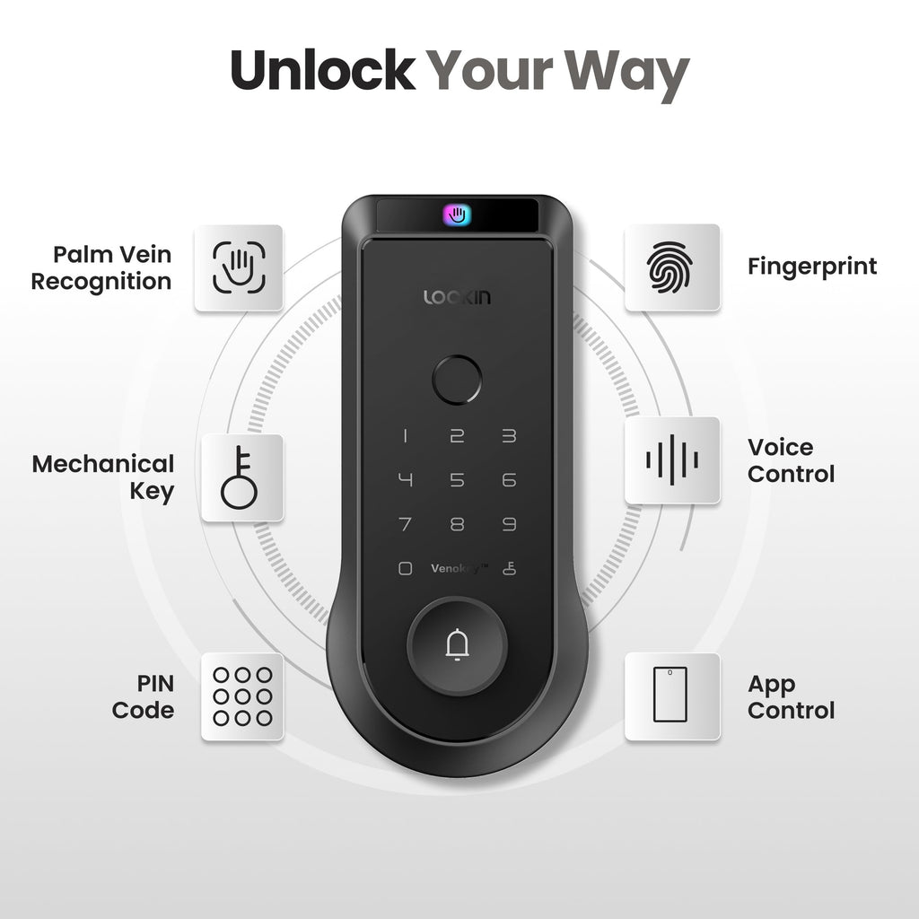 Lockin Venoris Smart Lock - Palm Vein & Fingerprint Keyless Entry Door Lock - 6 Unlock Methods - Built-in WiFi - Smart Home Compatible - No Monthly Subscription - 7-Month Battery Life