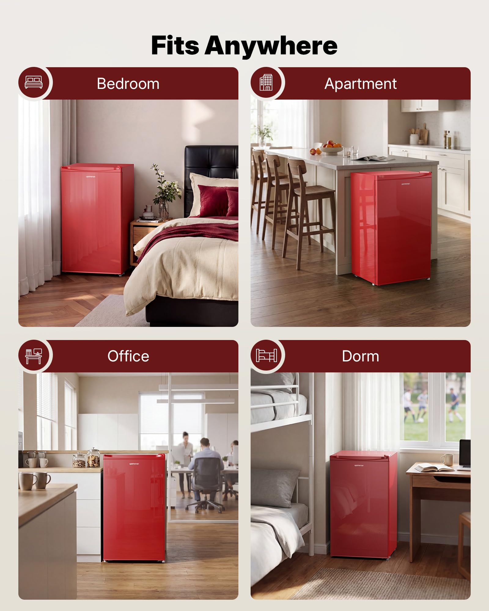Upstreman 3.2 Cu.Ft Mini Fridge with Freezer, Quiet Efficient Small Fridge, Compact Refrigerator with Adjustable Thermostat, for Dorm, Bedroom, Office, Black-BR321