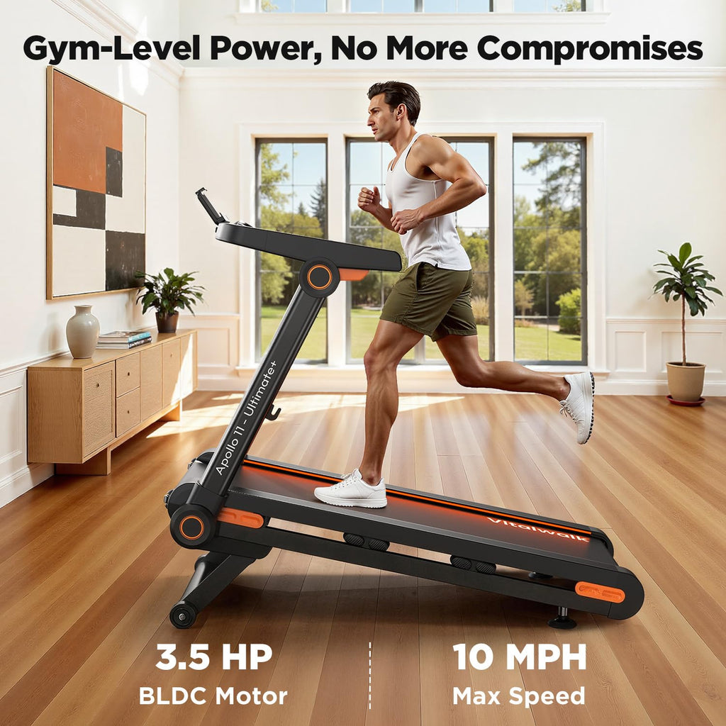 Vitalwalk Foldable Treadmill with Auto Incline, Commercial 49"x18" Wide Running Belt, 10MPH, 3.5HP Brushless, Walking Pad Treadmill for Home, Auto Folding, No Installation, 350LBS, APP
