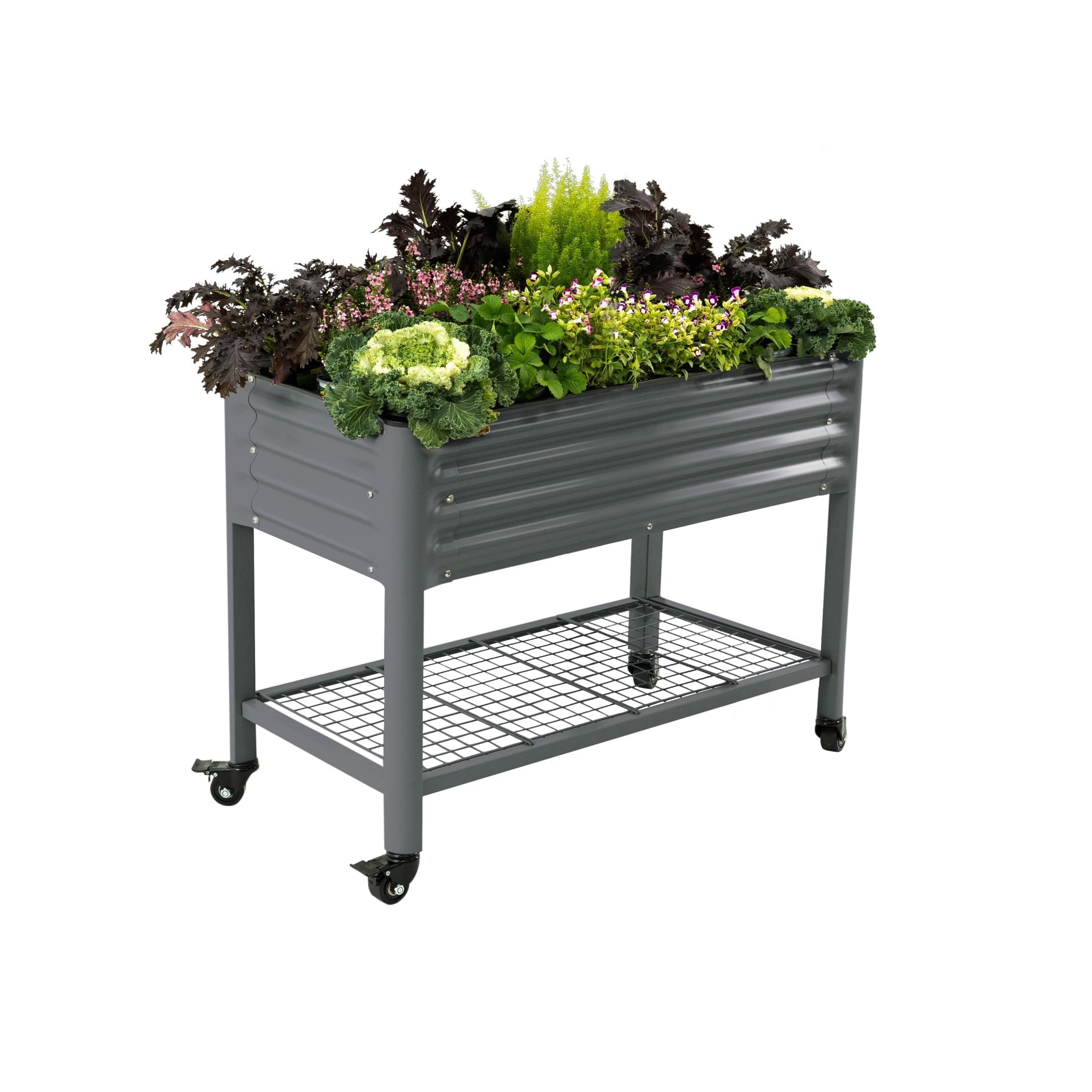 Rolling Elevated Raised Garden Bed, 2' x 4' Outdoor Planters Boxes with Legs & Storage Rack for Patio, 700 Lbs Weight Capacity, Raised Beds for Gardening Herbs Flowers, Pearl White