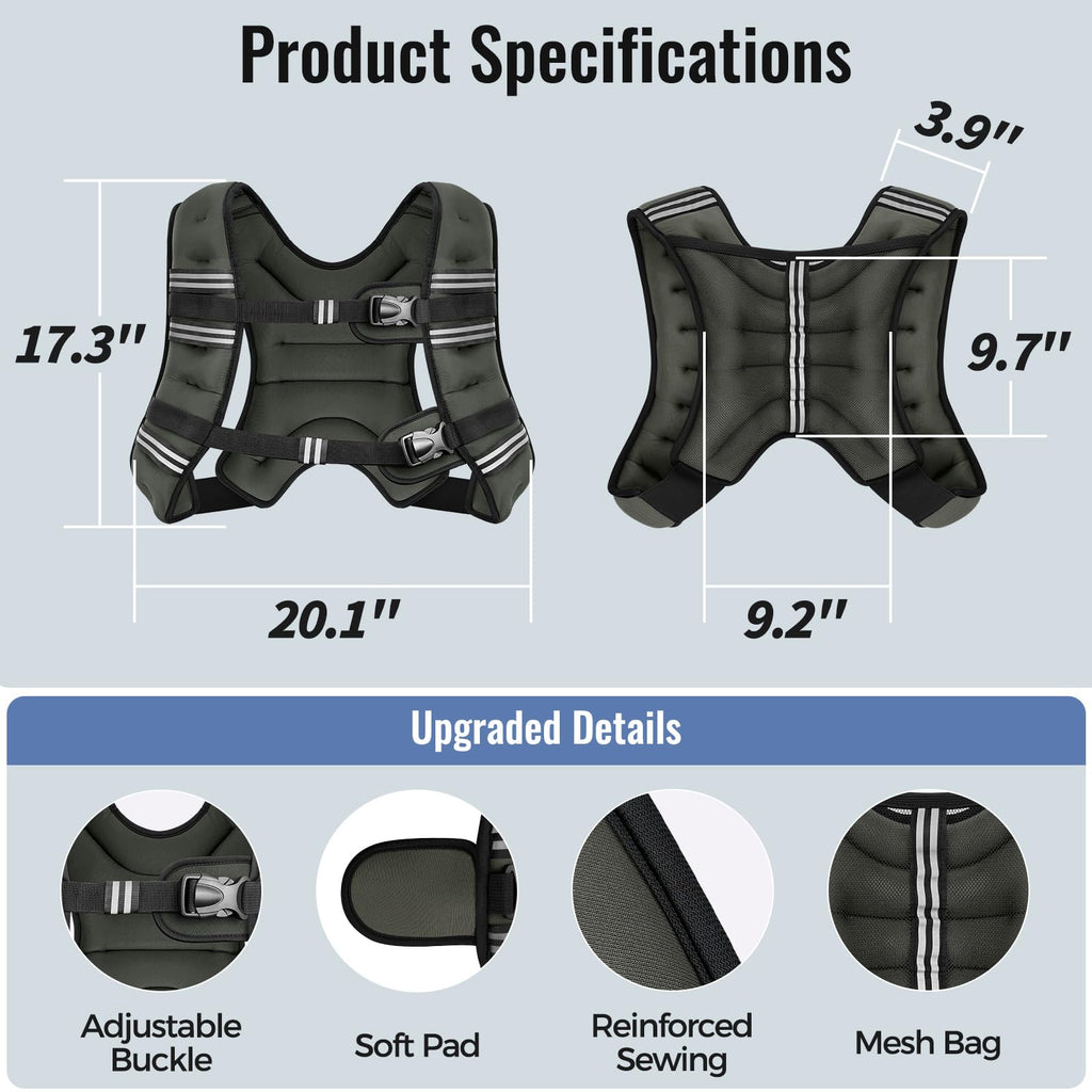 Zeerun Weighted Vest, 6lb/8lb/10lb/12lb/15lb/18lb/20lb/24lb/30lb for Men Women, Reflective Stripe Adjustable Buckle, Comfortable Durable Rucking Vest for Walking Running Strength Training