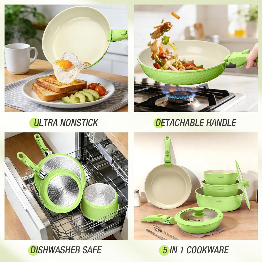 pots and Pans Set, Ceramic Nonstick Cookware Set Detachable Handle, Induction Kitchen Cookware Sets with Removable Handle, Non Stick RV Cookware Set, Dishwasher ＆ Oven Safe