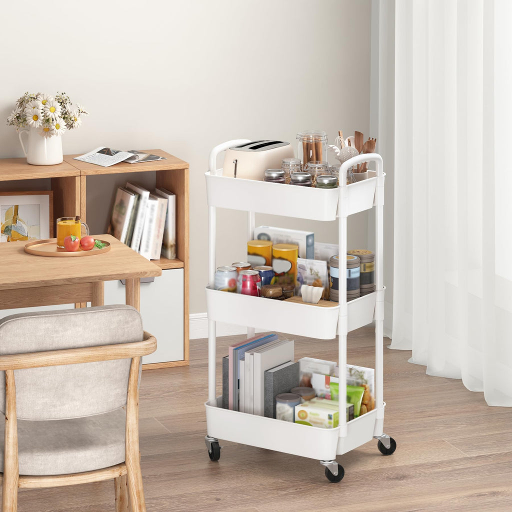 Sywhitta 3-Tier Plastic Rolling Utility Cart with Handle, Multi-Functional Storage Trolley for Office, Living Room, Kitchen, Movable Storage Organizer with Wheels, Black