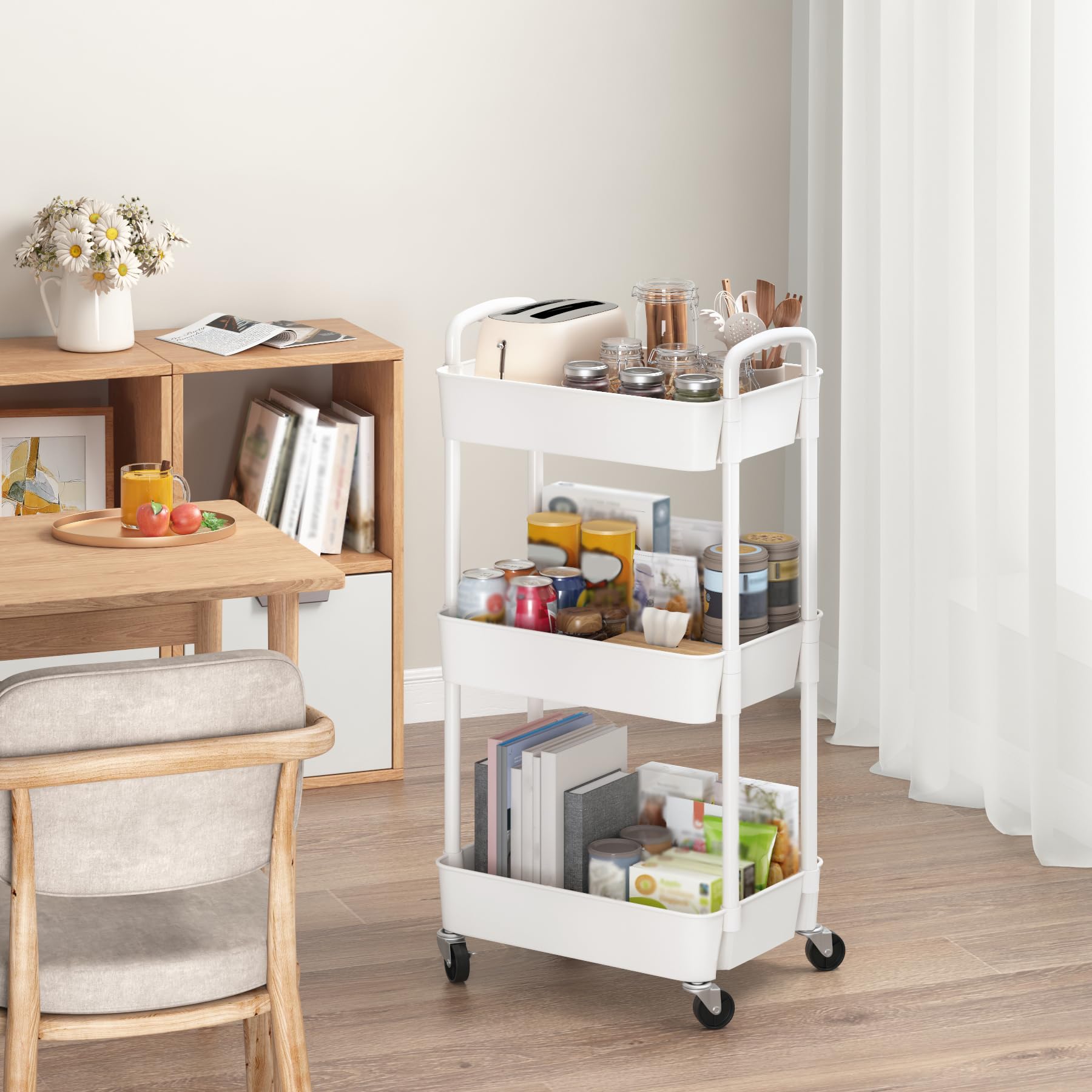 Sywhitta 3-Tier Plastic Rolling Utility Cart with Handle, Multi-Functional Storage Trolley for Office, Living Room, Kitchen, Movable Storage Organizer with Wheels, Black