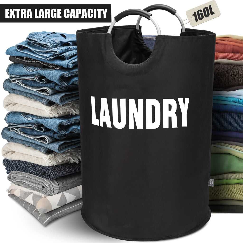 DOKEHOM 90L Large Laundry Basket, Collapsible Laundry Bag, Black | Freestanding tall clothes hamper & foldable washing bin. High-capacity clothes storage basket with durable sturdy handles