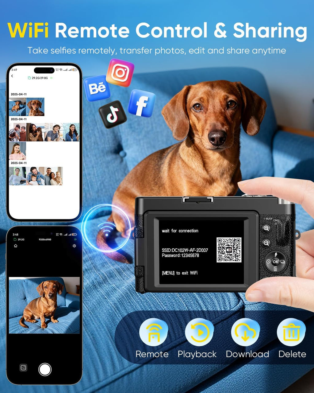 4K Digital Camera 64MP WiFi 180° Flip Screen Autofocus Compact, Black | 16X Zoom Anti-Shake Travel Vlogging YouTube Photography Webcam Filters Scene Modes 32GB Card Dual Rechargeable Batteries