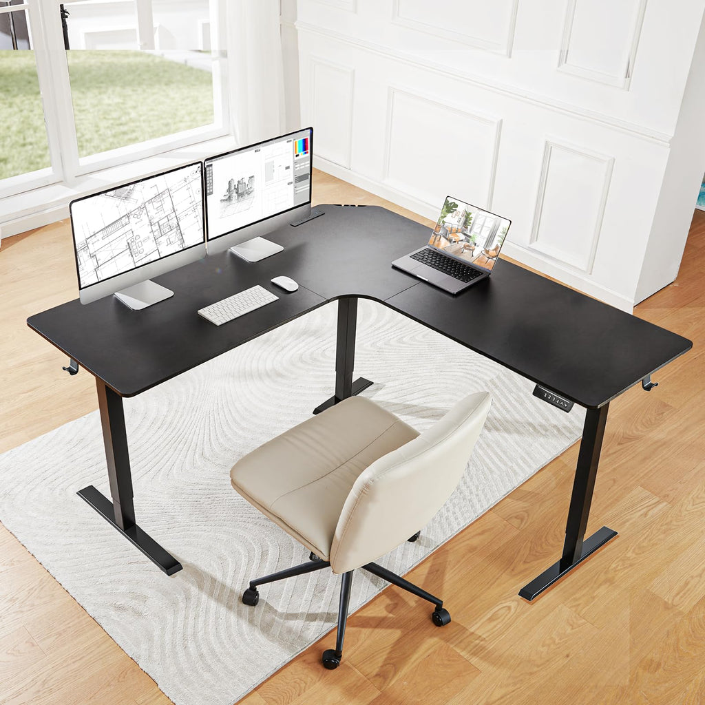 HUANUO 63″ L-Shaped Standing Desk, Built-in Power Outlets, Electric Height Adjustable Corner Computer Desk, Large Power Strip Holder, Sit Stand Up Desk with 3 Preset Heights, Black