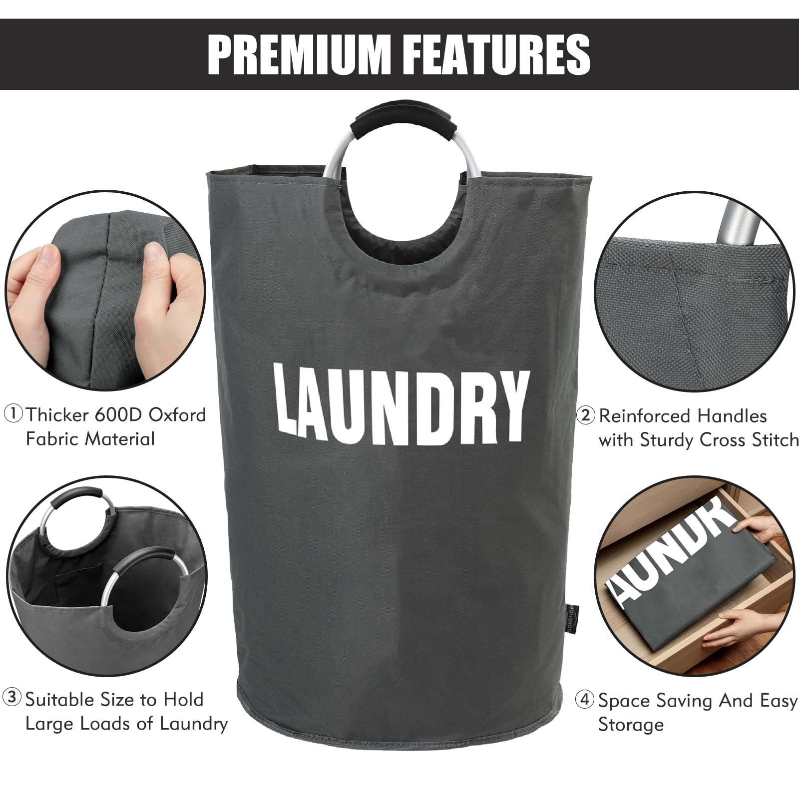 DOKEHOM 90L Large Laundry Basket, Collapsible Laundry Bag, Black | Freestanding tall clothes hamper & foldable washing bin. High-capacity clothes storage basket with durable sturdy handles