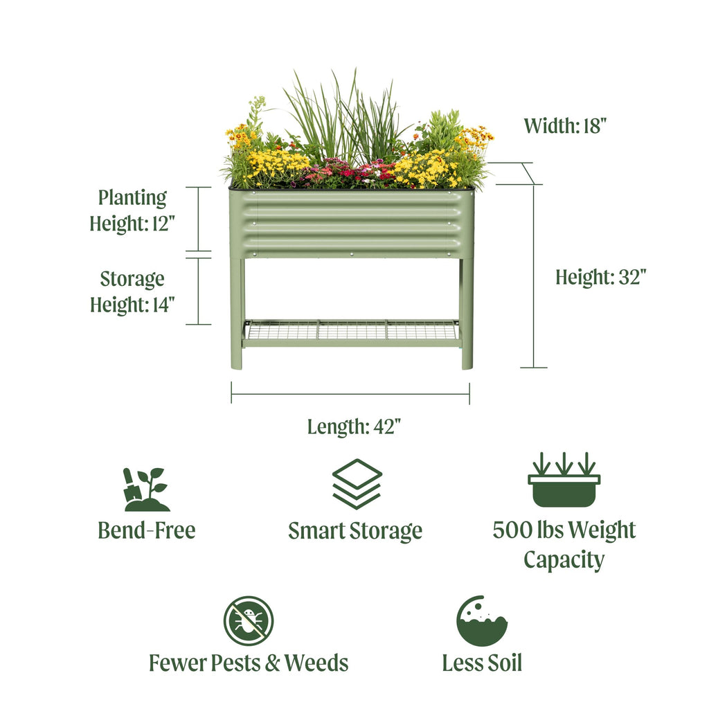 Rolling Elevated Raised Garden Bed, 2' x 4' Outdoor Planters Boxes with Legs & Storage Rack for Patio, 700 Lbs Weight Capacity, Raised Beds for Gardening Herbs Flowers, Pearl White