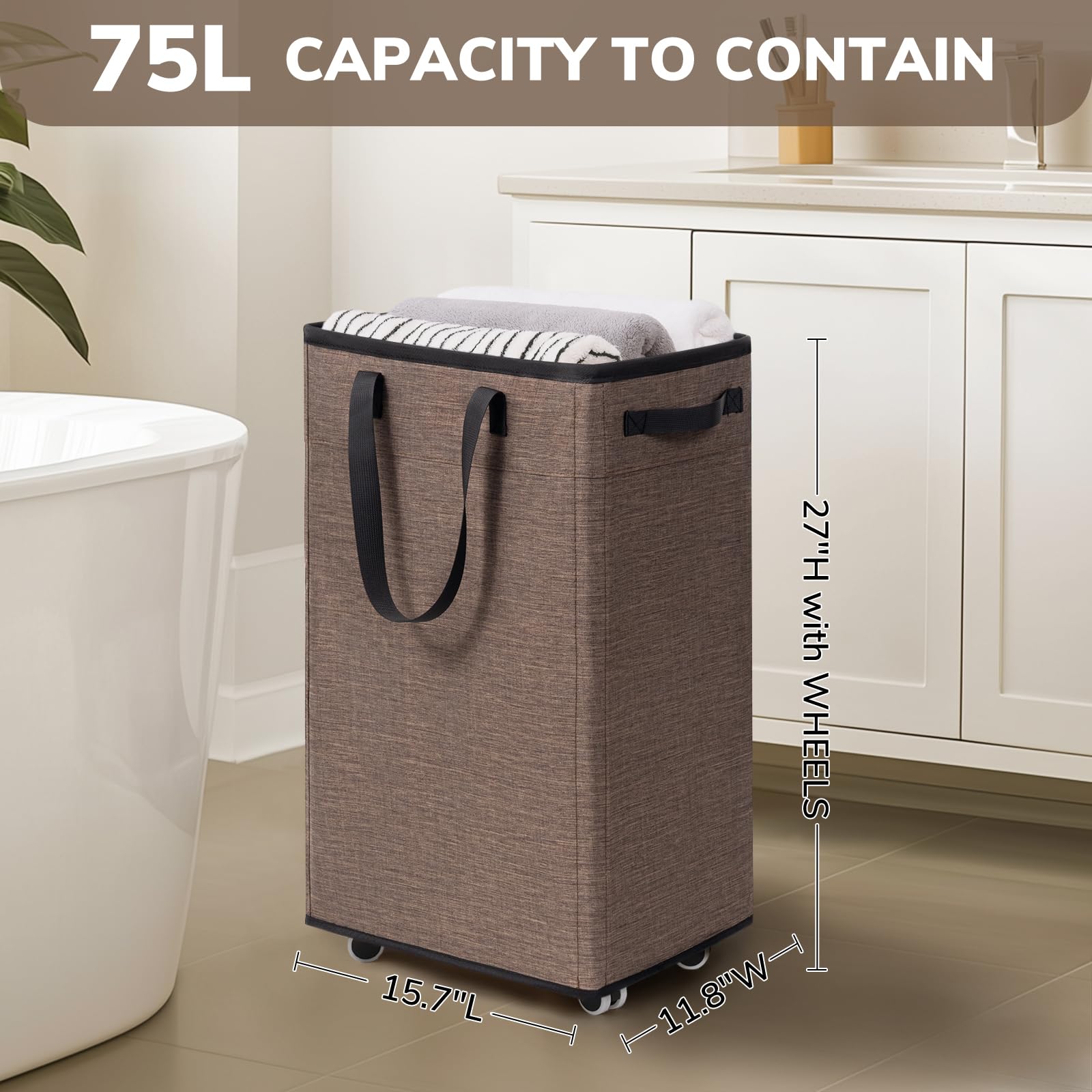 Goodpick Pink Laundry Basket with Wheels, Dorm Room Essentials for Girls, 75L Collapsible Laundry Basket, Laundry Hamper with Handle for College Dorm