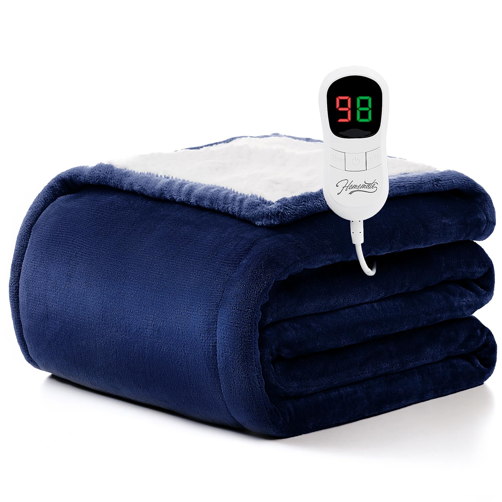 Homemate Heated Blanket Electric Throw - 50"x60" Heating Blanket Throw 1/2/4/6/8 Hours Auto-Off 10 Heat Level Over-Heat Protection Flannel Sherpa ETL Certification