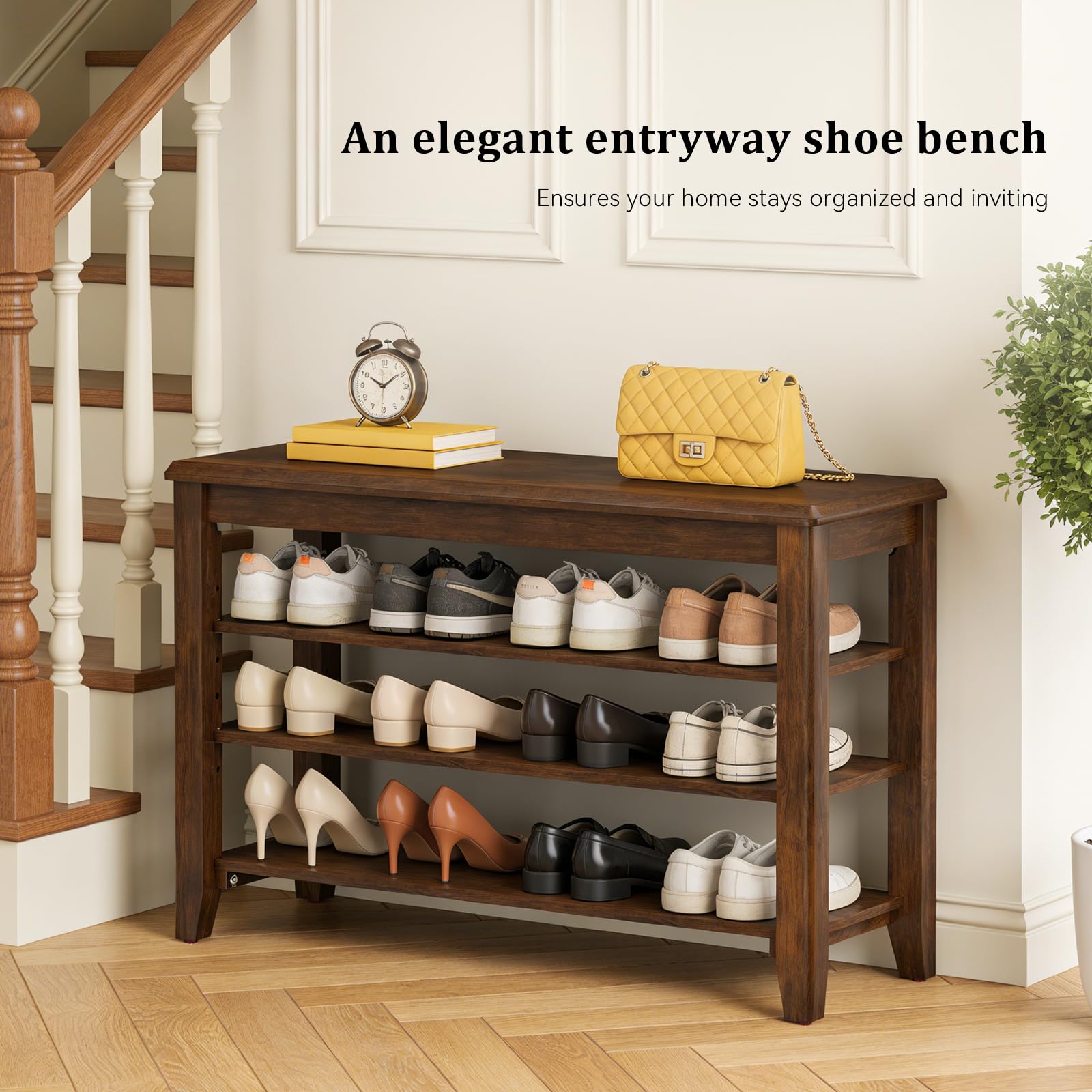 Taitiy Shoe Bench Storage Rubberwood with Leather Cushion for Entryway Bench Ideal for Hallways Shoe Rack Front Doors Entrances Mudrooms Featuring 3 Height-Adjustable and Removable Shelves