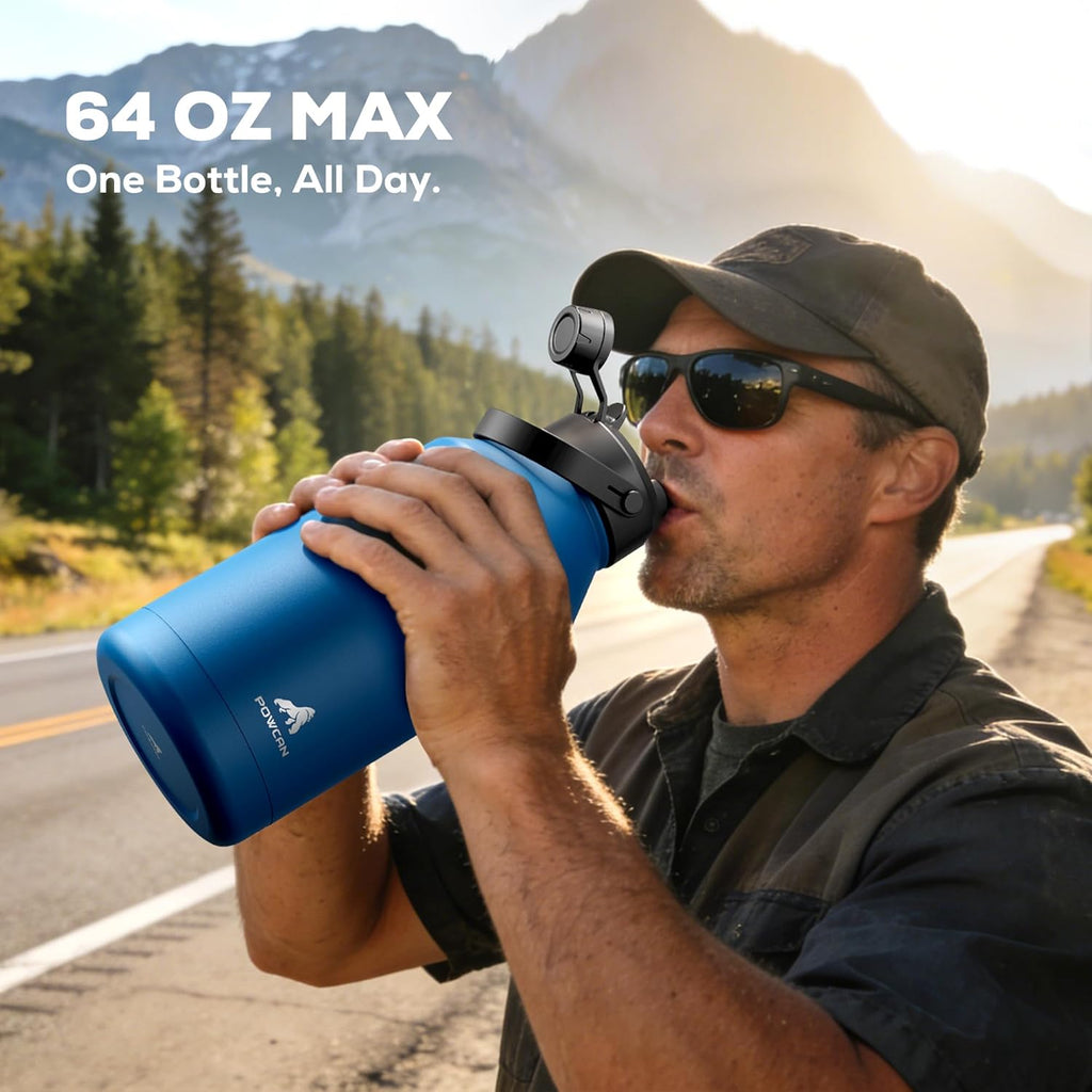 POWCAN 64 oz Insulated Water Bottle for Sports: 2-in-1 Straw & Spout Lid, Leakproof, Carrier Bag, Shoulder Strap, Keep Cold 48H, BPA-Free, Half Gallon Metal Water Jug for Gym, Travel, Gift (Midnight)