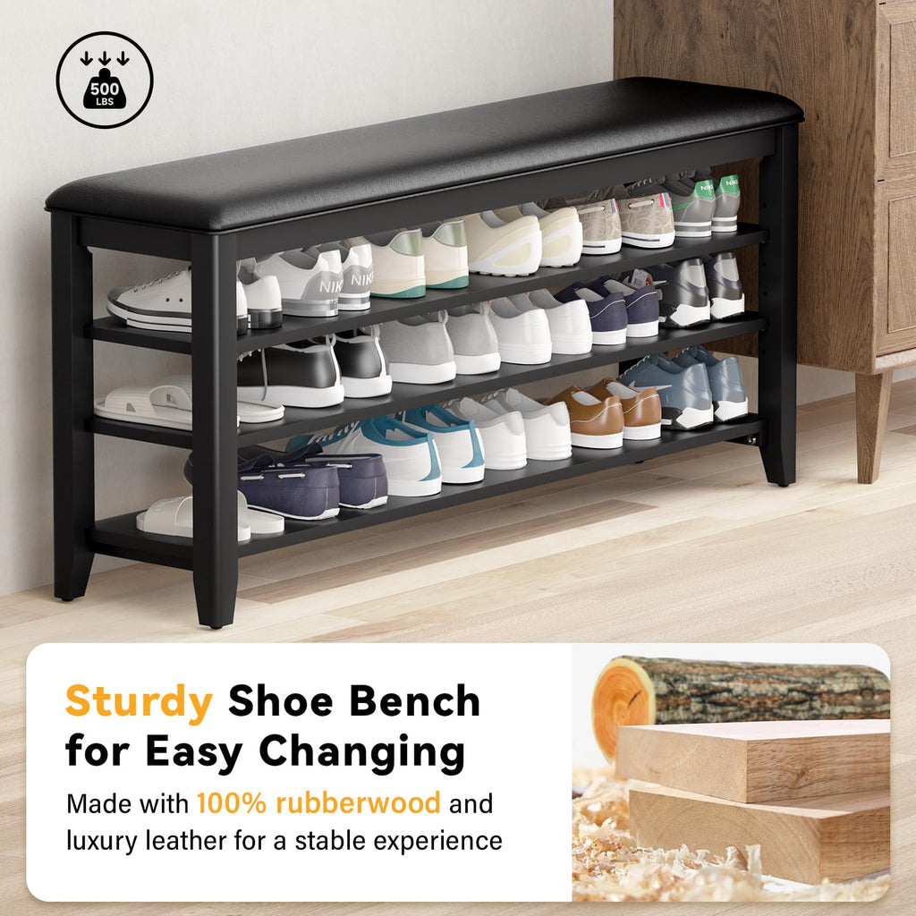 Taitiy Shoe Bench Storage Rubberwood with Leather Cushion for Entryway Bench Ideal for Hallways Shoe Rack Front Doors Entrances Mudrooms Featuring 3 Height-Adjustable and Removable Shelves