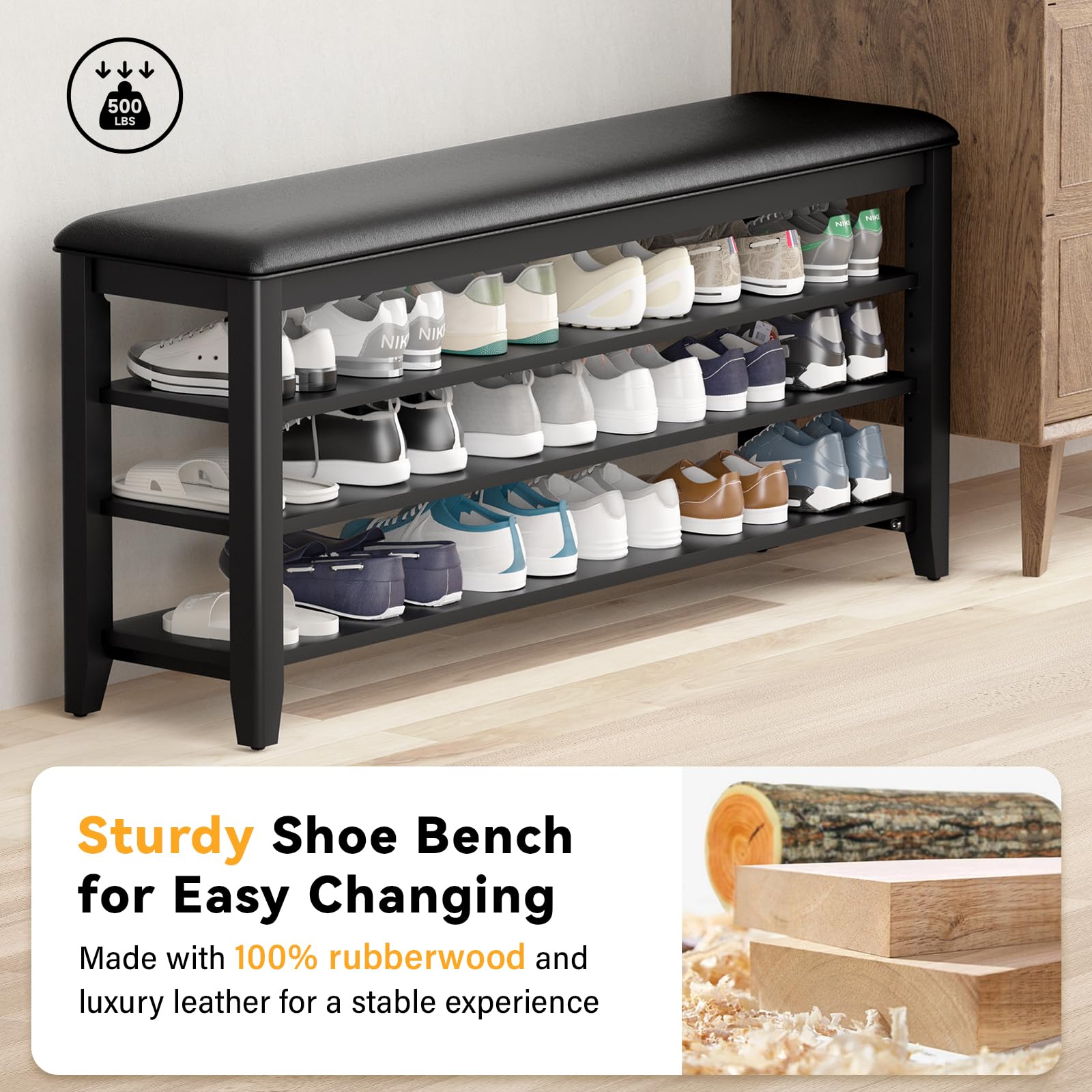 Taitiy Shoe Bench Storage Rubberwood with Leather Cushion for Entryway Bench Ideal for Hallways Shoe Rack Front Doors Entrances Mudrooms Featuring 3 Height-Adjustable and Removable Shelves