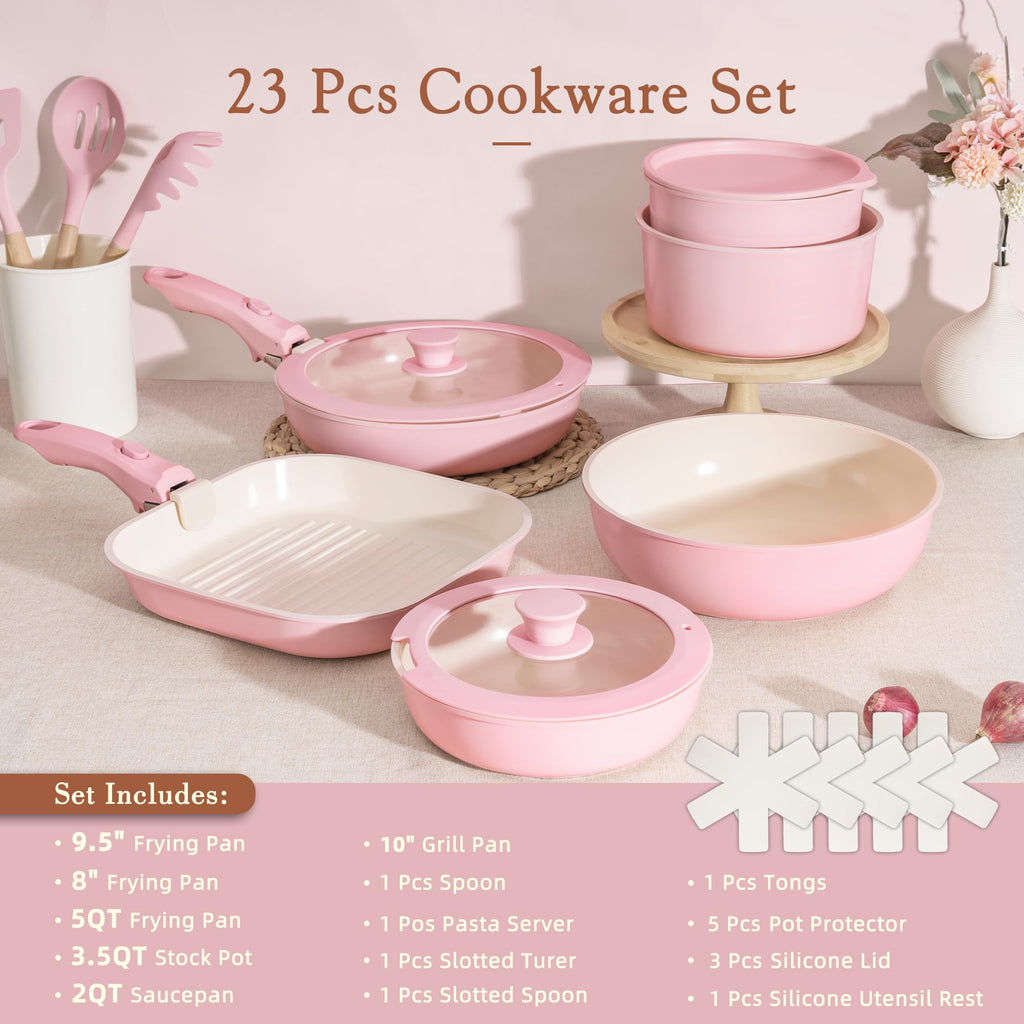 Astercook 21 Pcs Pots and Pans Set Non Stick, Ceramic Cookware Set Detachable Handle, RV Kitchen Cooking Set Removable Handles, Oven Safe, Induction Ready, Stackable, Black, Fathers Day Gift for Men