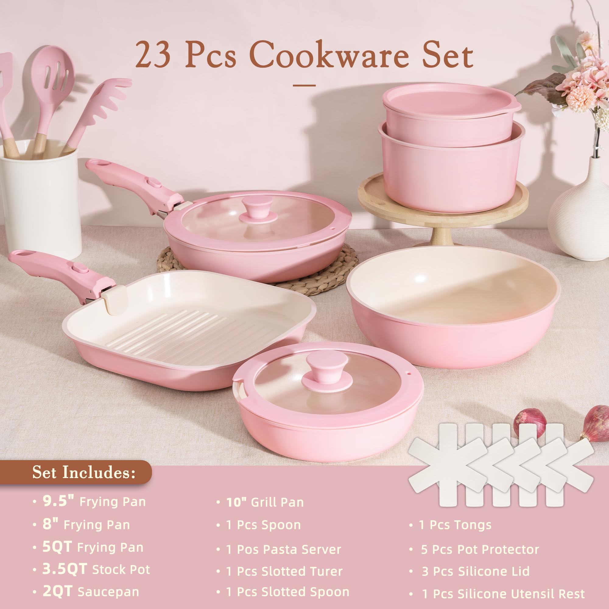 Astercook 21 Pcs Pots and Pans Set Non Stick, Ceramic Cookware Set Detachable Handle, RV Kitchen Cooking Set Removable Handles, Oven Safe, Induction Ready, Stackable, Black, Fathers Day Gift for Men