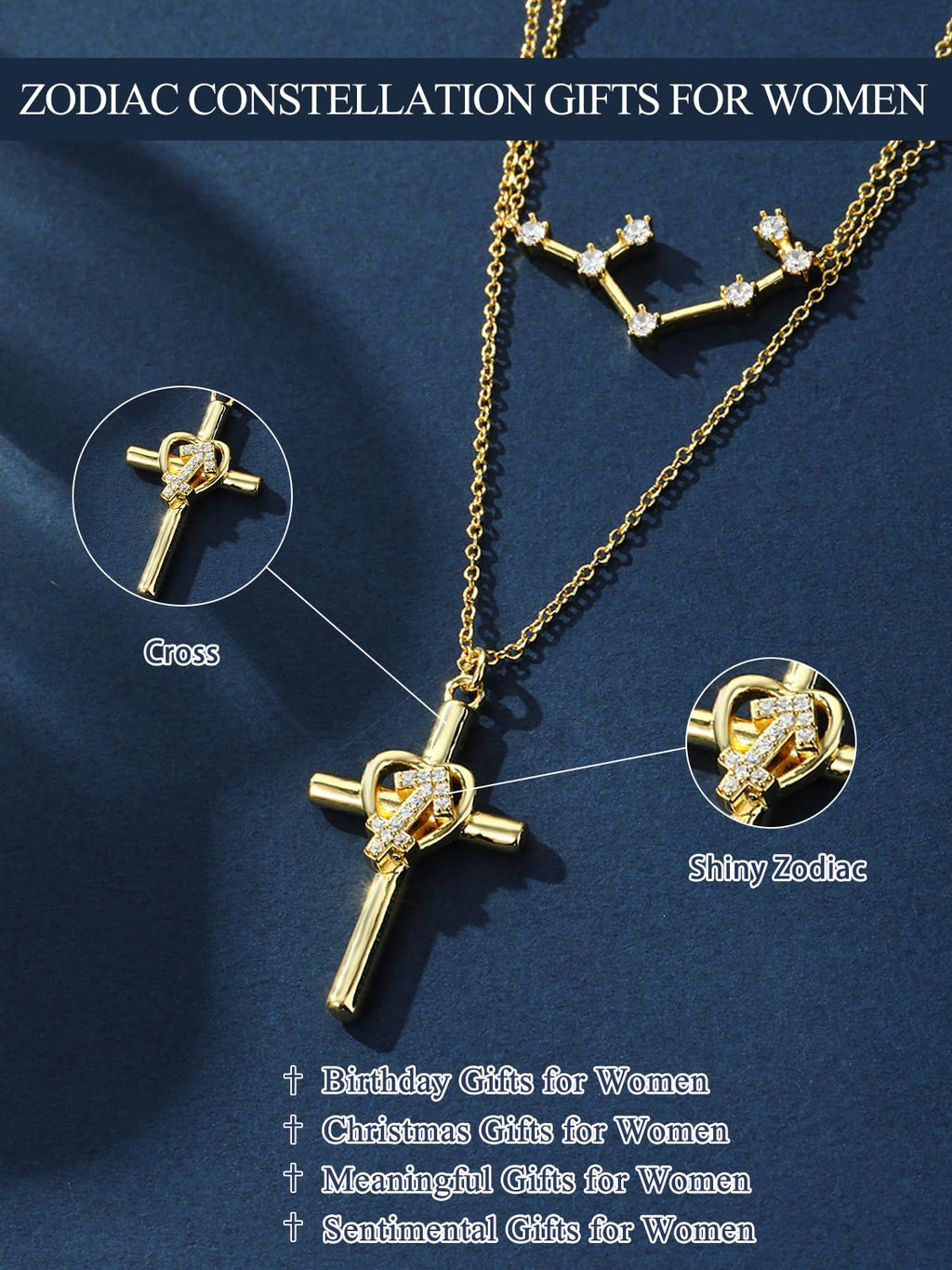 14K Gold Zodiac Cross Layered Necklace for Women - Horoscope Constellation Pendant with Cross,Luxury Anniversary Birthday Mothers Day Gifts Jewelry (12 Zodiac Signs)