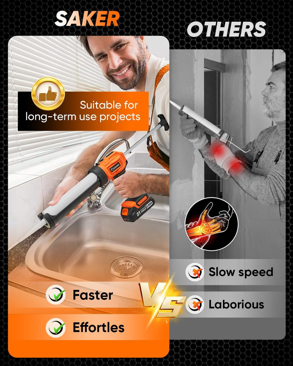 Saker Electric Caulking Gun Cordless Caulk Gun Drip-free with Caulking Tools 4 Adjustable Speeds with LED Light 10oz/300ml for Kitchen Bathroom Filling, Sealing 2 Batteries
