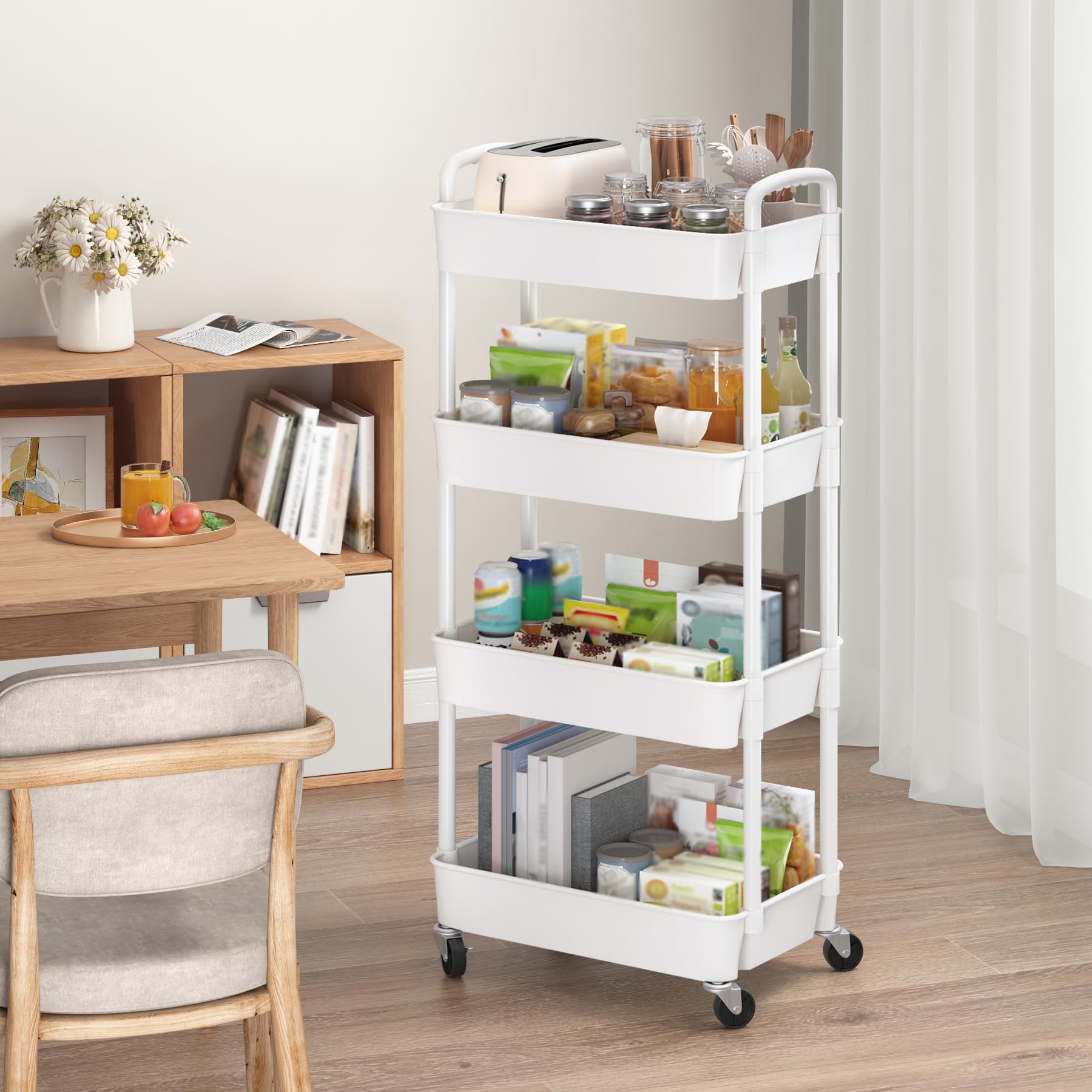 Sywhitta 3-Tier Plastic Rolling Utility Cart with Handle, Multi-Functional Storage Trolley for Office, Living Room, Kitchen, Movable Storage Organizer with Wheels, Black