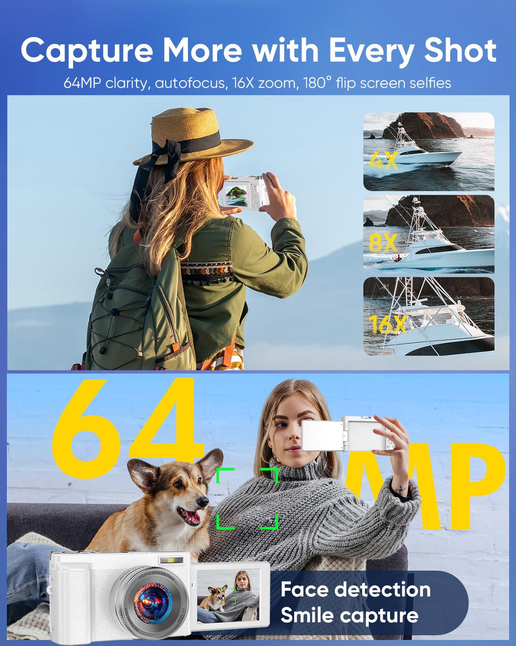 4K Digital Camera 64MP WiFi 180° Flip Screen Autofocus Compact, Black | 16X Zoom Anti-Shake Travel Vlogging YouTube Photography Webcam Filters Scene Modes 32GB Card Dual Rechargeable Batteries