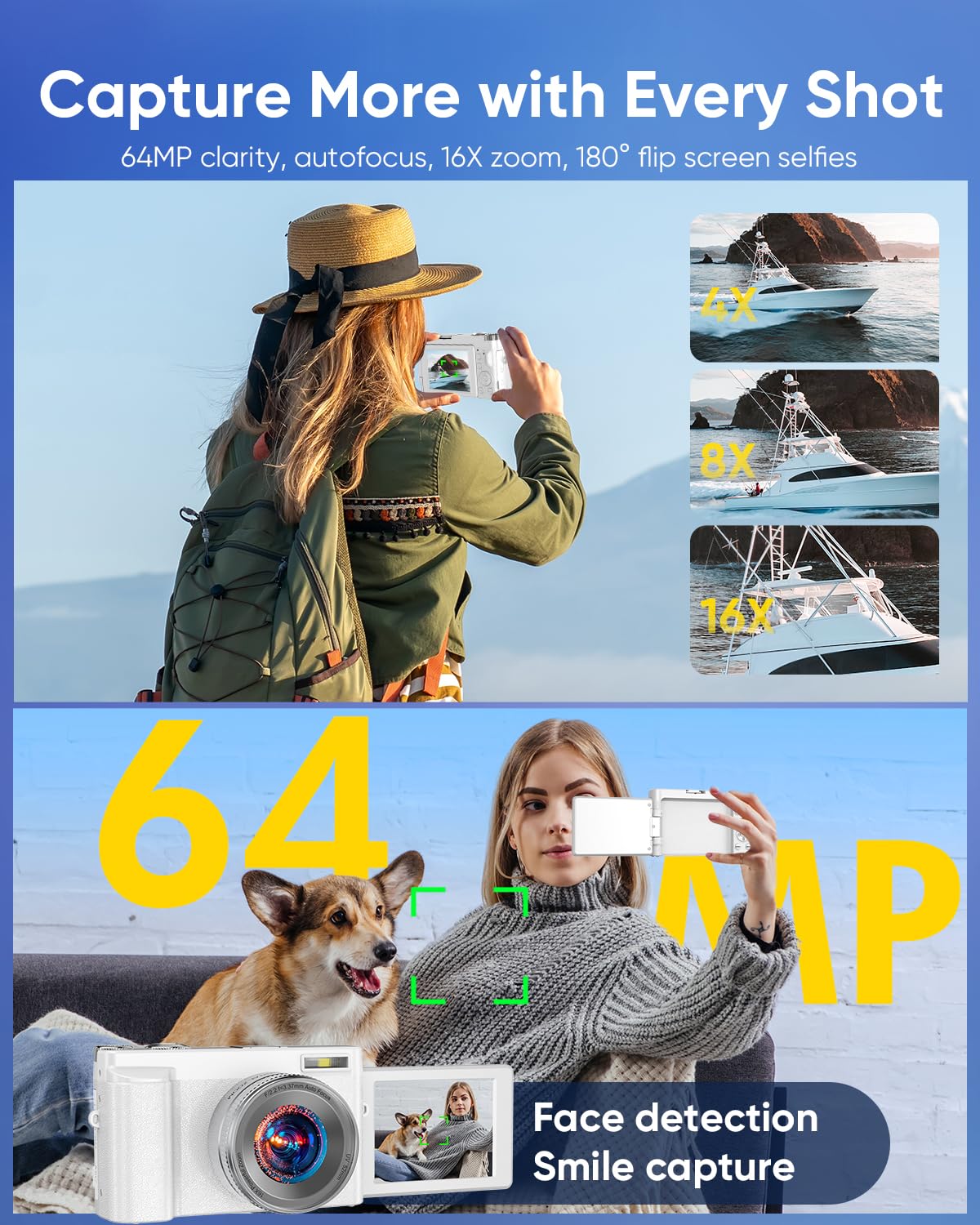4K Digital Camera 64MP WiFi 180° Flip Screen Autofocus Compact, Black | 16X Zoom Anti-Shake Travel Vlogging YouTube Photography Webcam Filters Scene Modes 32GB Card Dual Rechargeable Batteries
