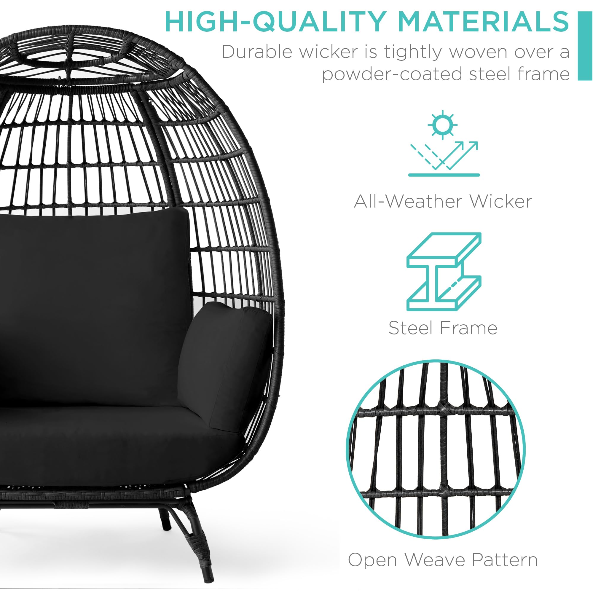 Best Choice Products Wicker Egg Chair, Oversized Indoor Outdoor Lounger for Patio, Backyard, Living Room w/ 4 Cushions, Steel Frame, 440lb Capacity - Black